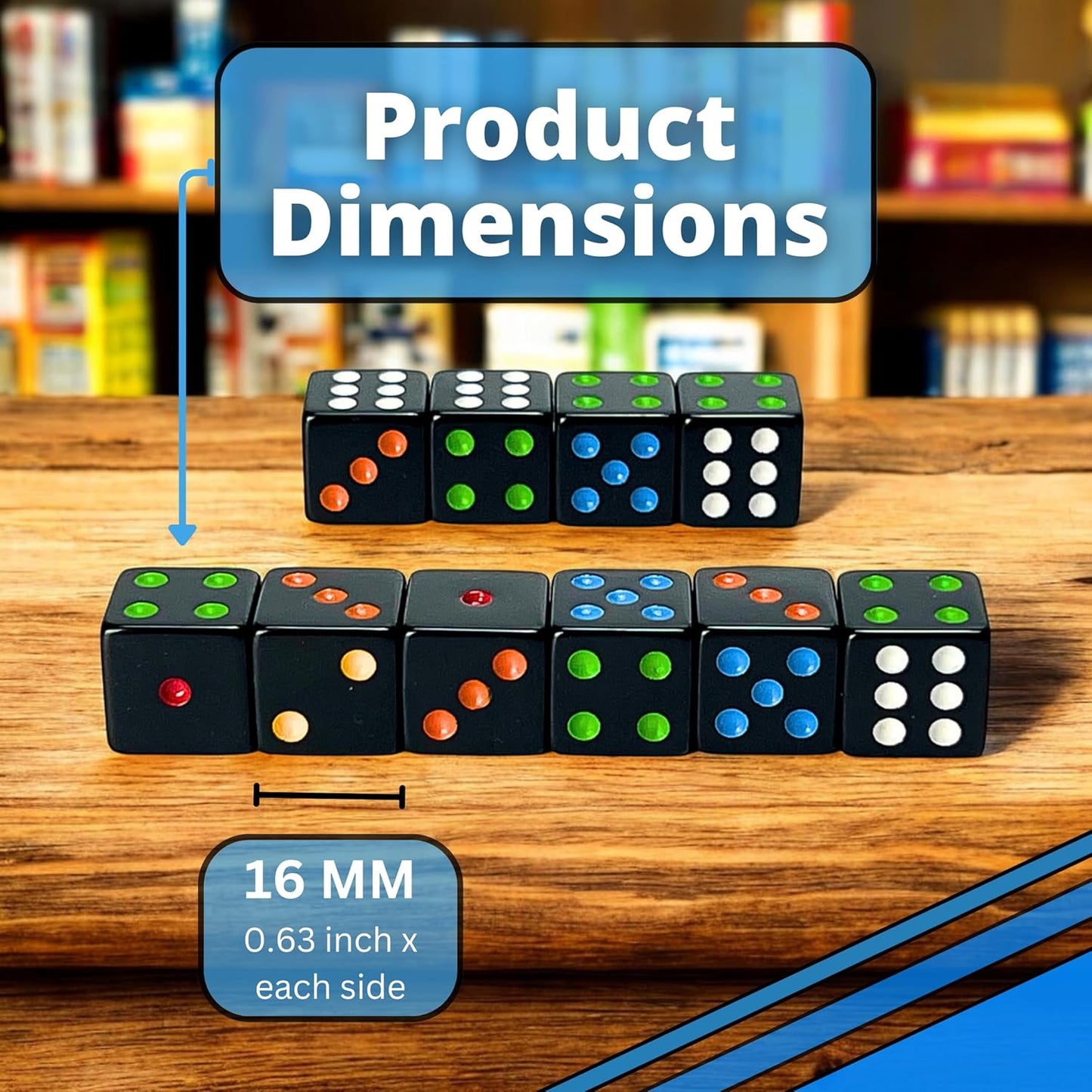 Luck Lab 10 Piece D6 Multicolor Pip Dice Pack - Acrylic 16mm Square Edge Standard Dice for RPG MTG DND Table Games and Board Games, Storage Bag Included (Black Multicolor)