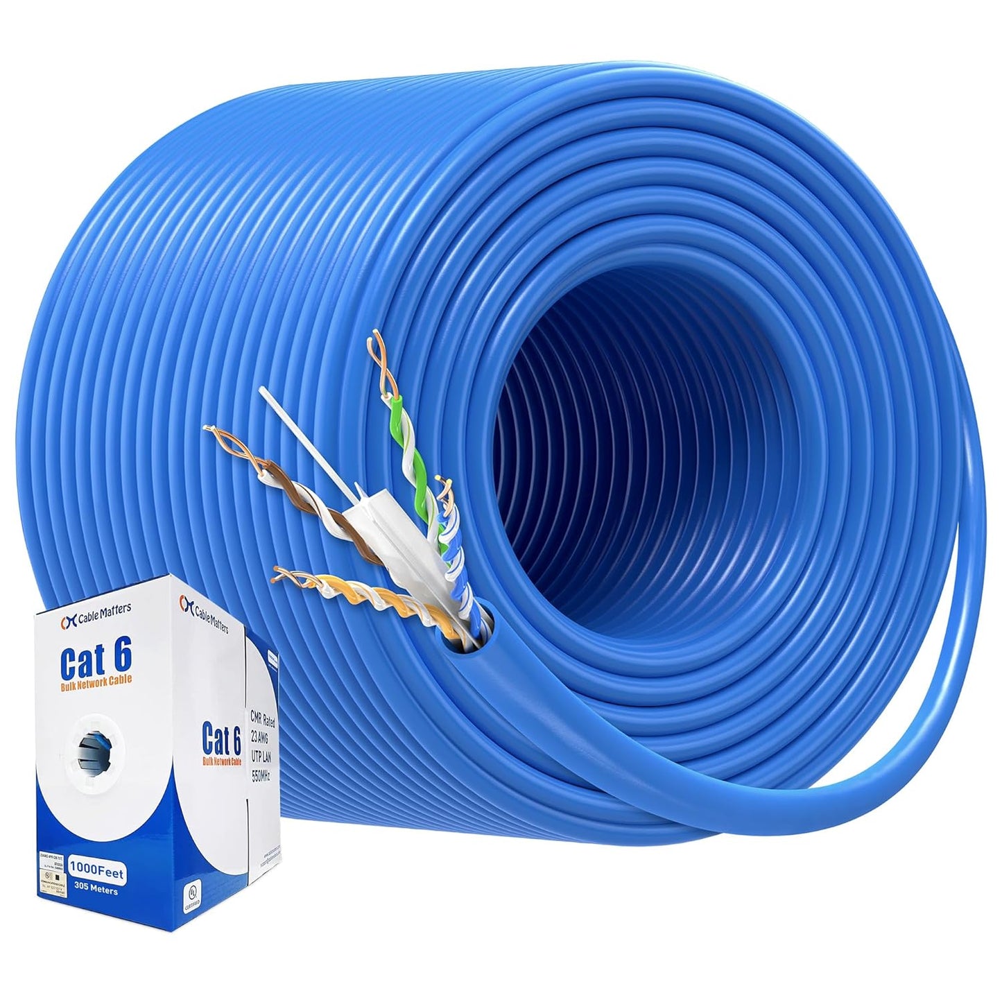 Cable Matters [UL Listed] 10Gbps in-Wall Riser Rated (CMR) 23AWG Bare Copper Cat6 Ethernet Cable - 1000ft, Cat 6 Ethernet Cable Spool, Cat 6 Cord Bulk, Blue