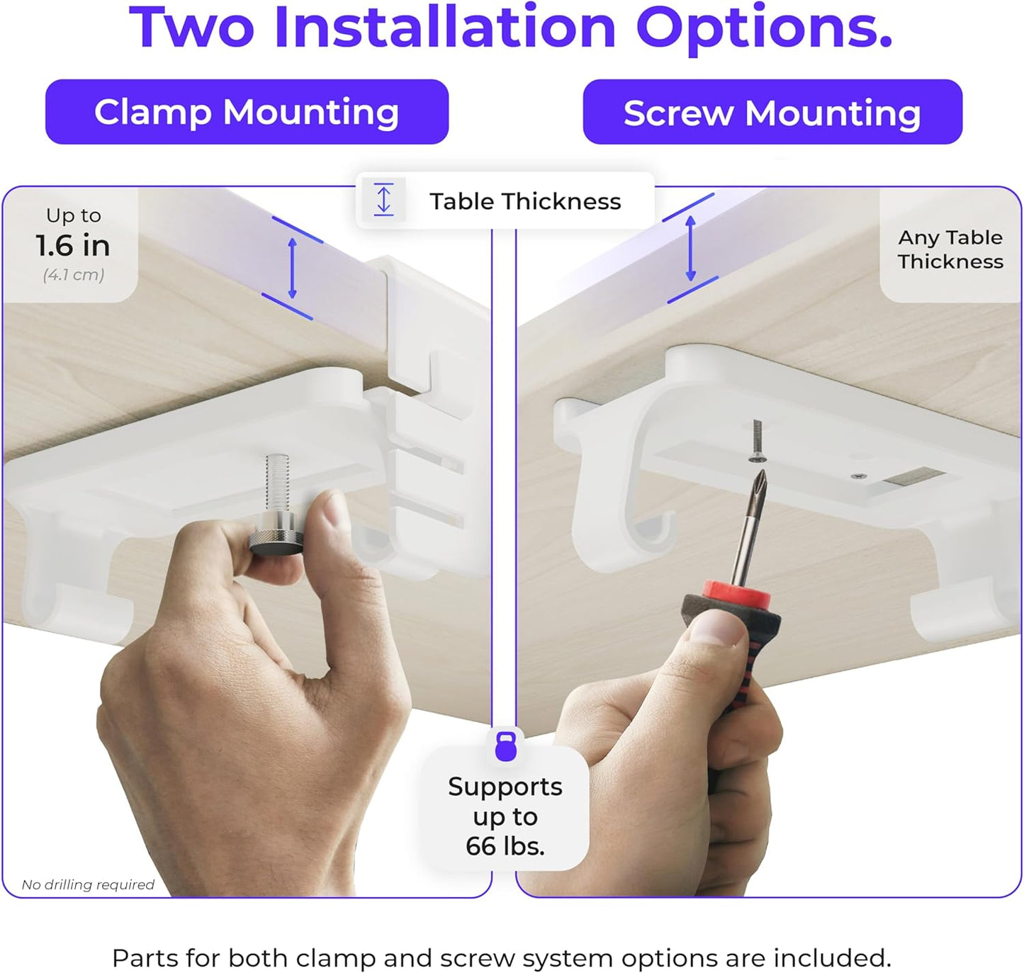 Ascrono Original No Drill Under Desk Cable Management Tray 27.3" - Premium White Fabric Cable Management Under Desk - Clamp/Screw Mount Cord Organizer - Supports Upto 66lbs