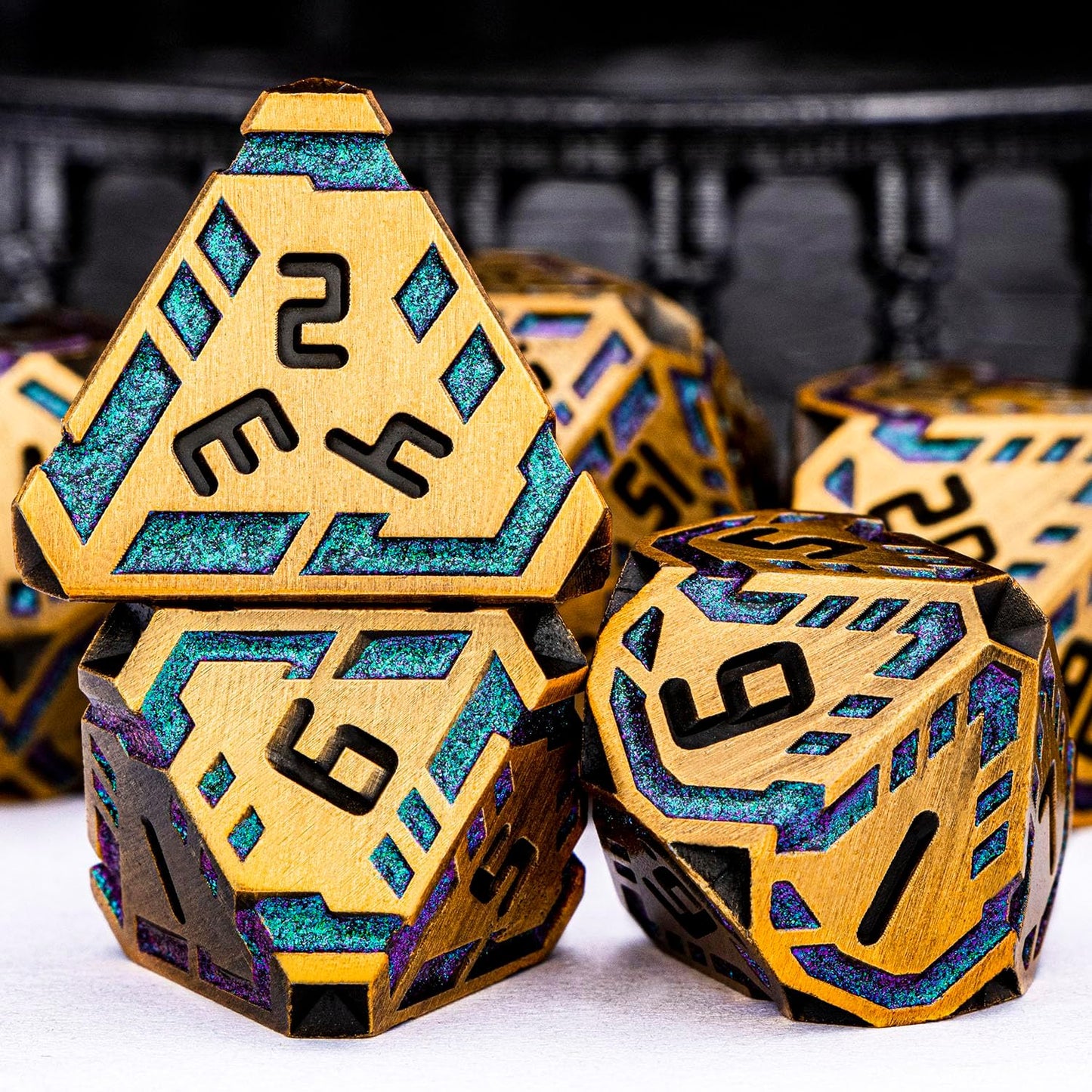Metal DND Sci-fi Dice Set 7PCS Stripe Polyhedral Dice for Dungeons Dragons RPG Role Playing Game, Glitter D and D Dice with Gift Box D6 D8 D10 D12 D20 (Ancient Gold&Green Purple)