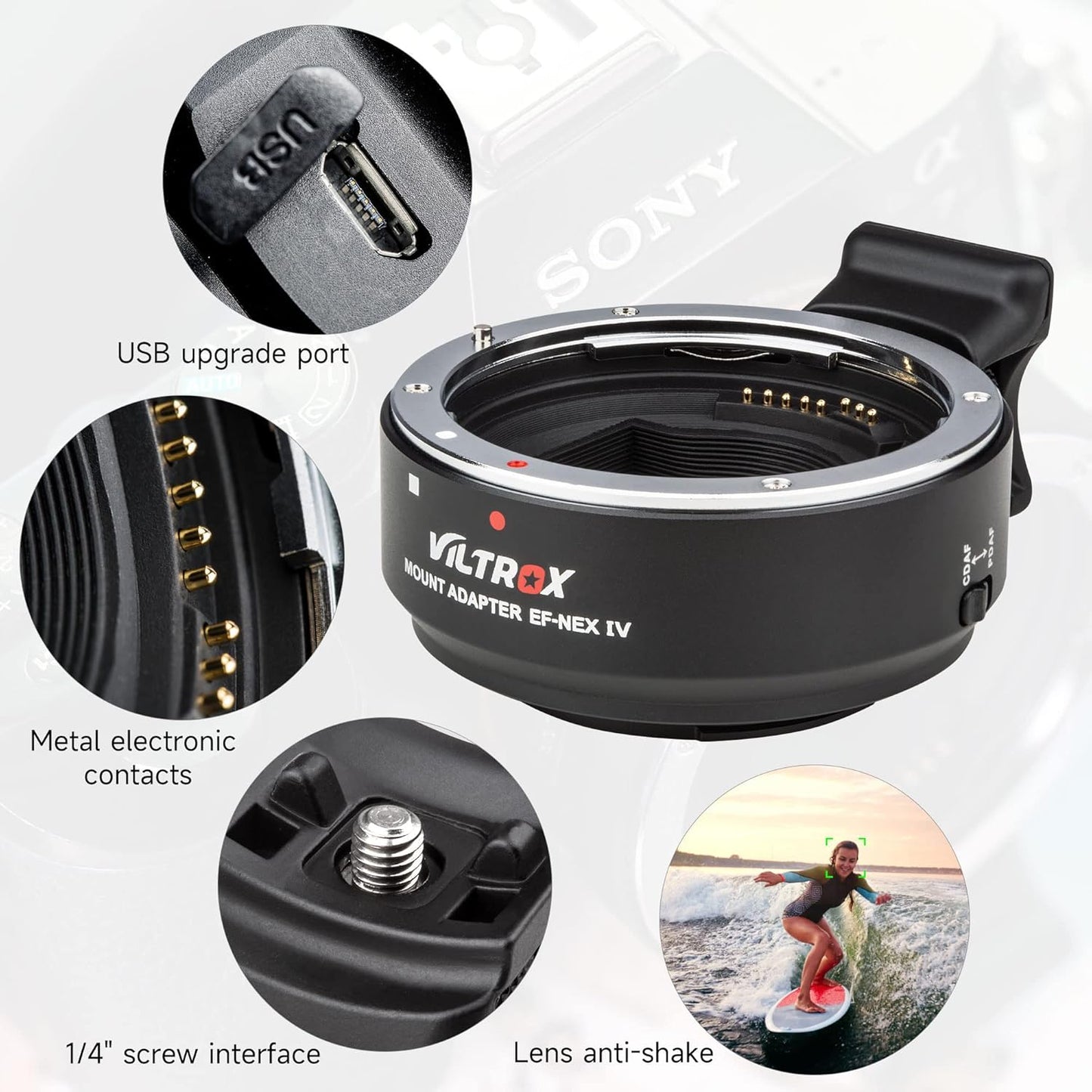 VILTROX EF-NEX IV Lens Adapter - Auto-Focus EF to E Mount Ring Compatible with Canon EF/EF-S Lens for Sony E Mount Camera: NEX A9II, A7III, A9, A7RIII, A7RII, A7R, A7M3
