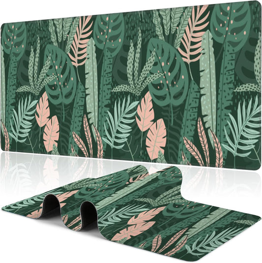 Tropical Plants and Leaves Desk Mat,Large Tropical Palm Leaves Gaming Keyboard Mouse Pad,Non-Slip Rubber Base Desk Pad Thick Stitched Edges Waterproof Mousepad Mouse Mat 31.5"x11.8"
