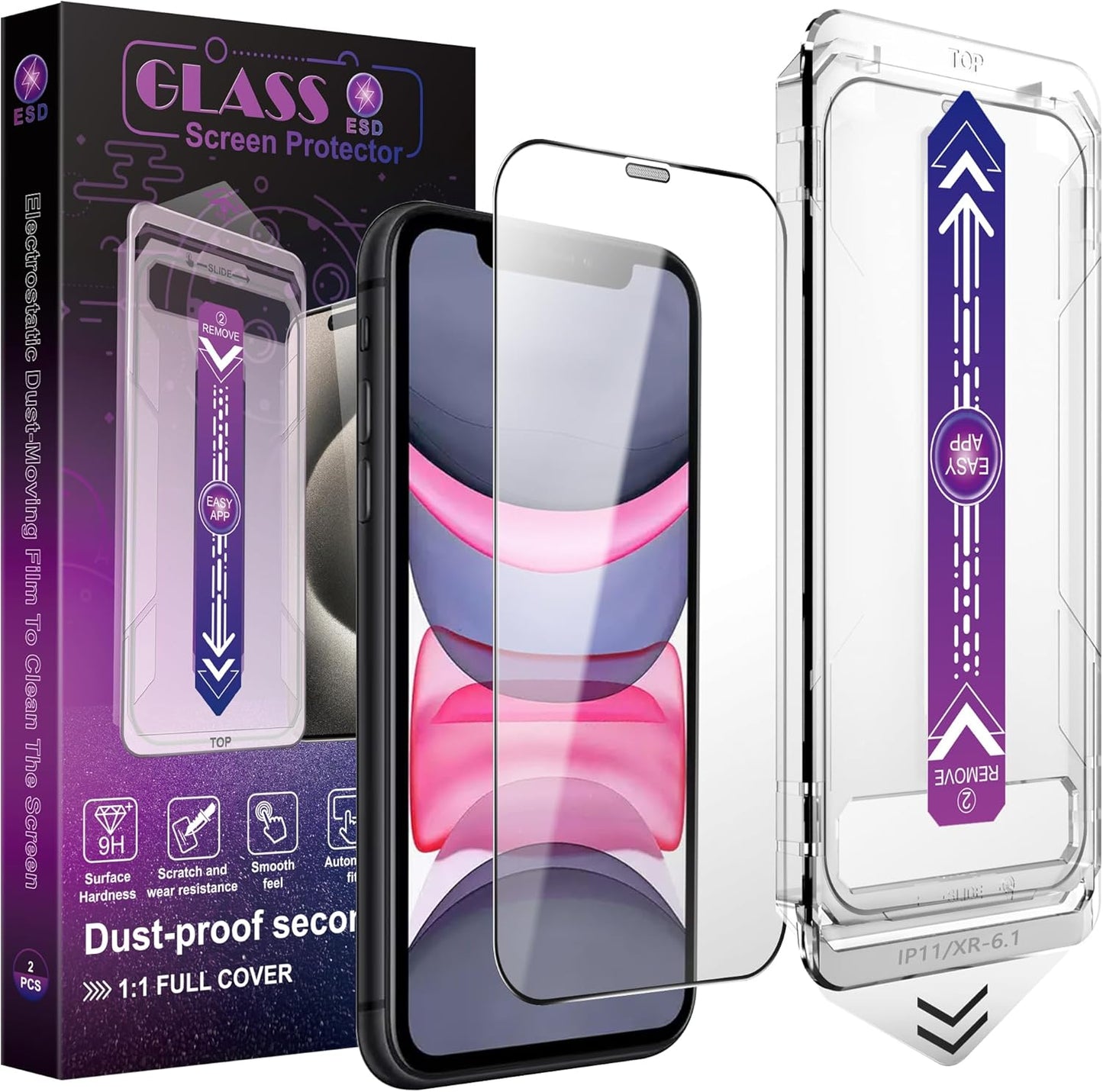 2 Pack Screen Protector for iPhone 11 / iPhon XR, 9H Tempered Glass, Full Coverage, Anti-Fingerprint, Auto Dust-Elimination, No Bubble, Easy Installation