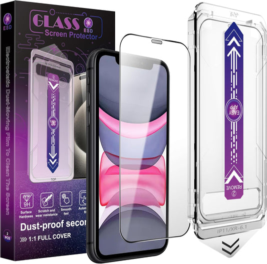 2 Pack Screen Protector for iPhone 11 / iPhon XR, 9H Tempered Glass, Full Coverage, Anti-Fingerprint, Auto Dust-Elimination, No Bubble, Easy Installation