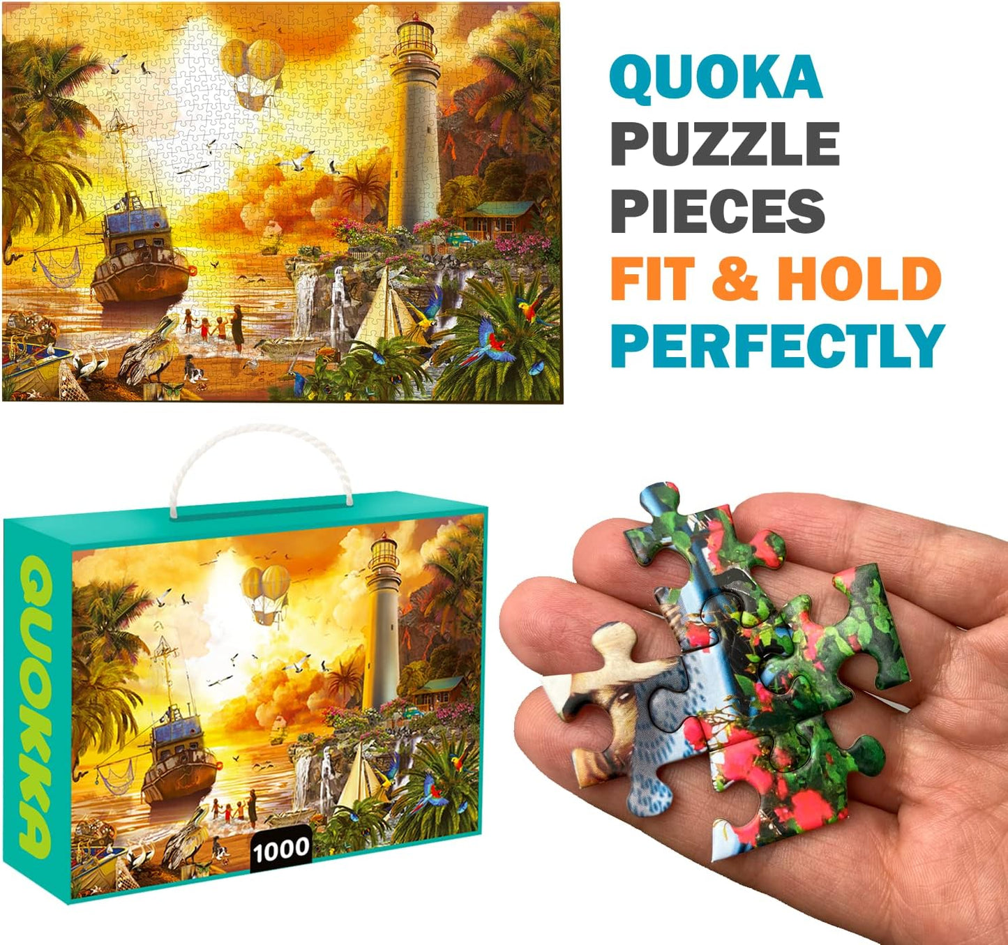 Quokka Puzzles for Adults 1000 Pieces and Up - 3 Pack of 1000 Piece Puzzles for Kids Ages 8-10-12 - Enjoy Market, Lighthouse and Camping Designs for Women and Men