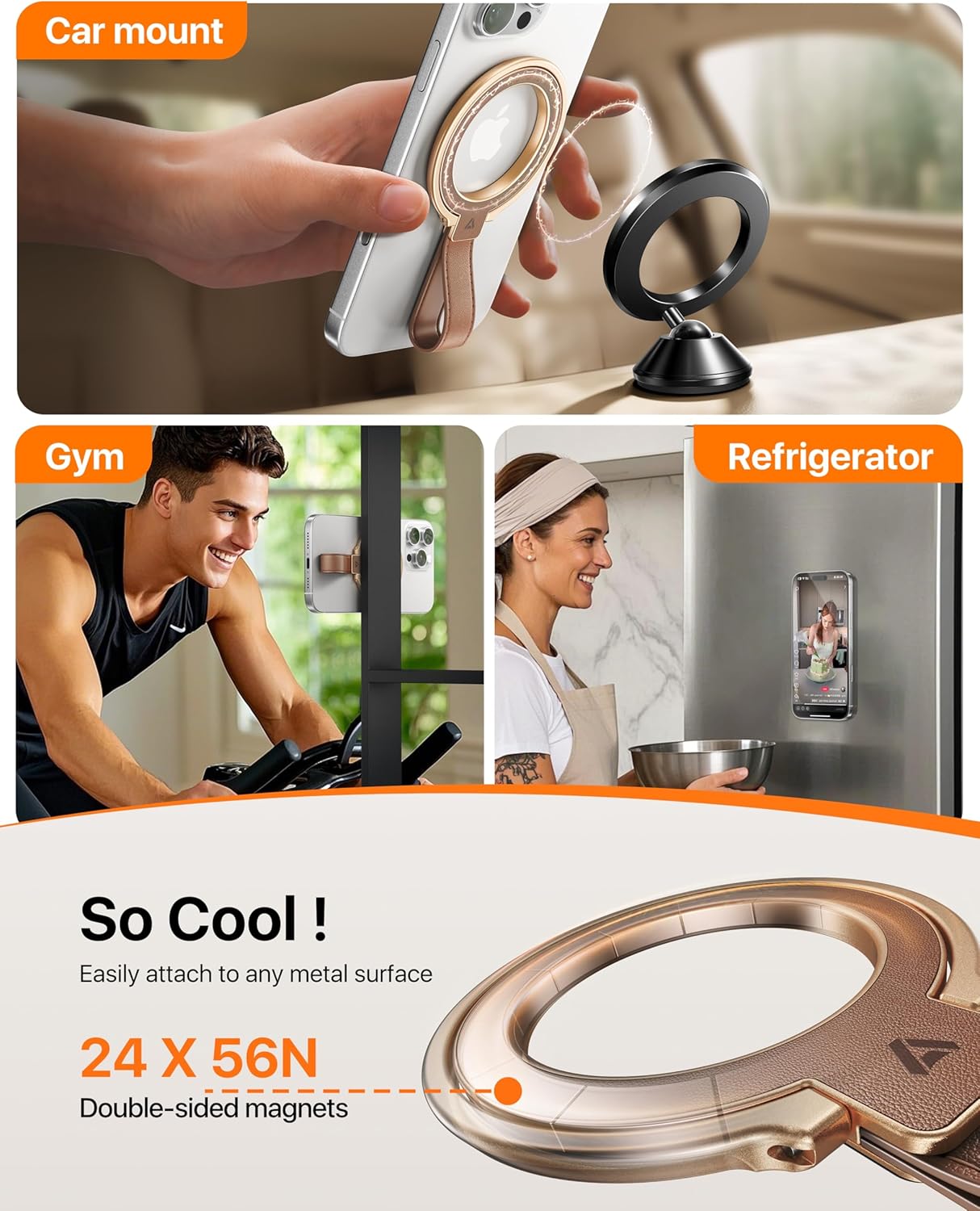 andobil[2025 Premium Leather]Magnetic Phone Grip for MagSafe[Unrivaled Stability]Adjustable Phone Ring Kickstand with Leather Loop Compatible with MagSafe Accessories&iPhone 16 Pro Max/15/14/13,Brown