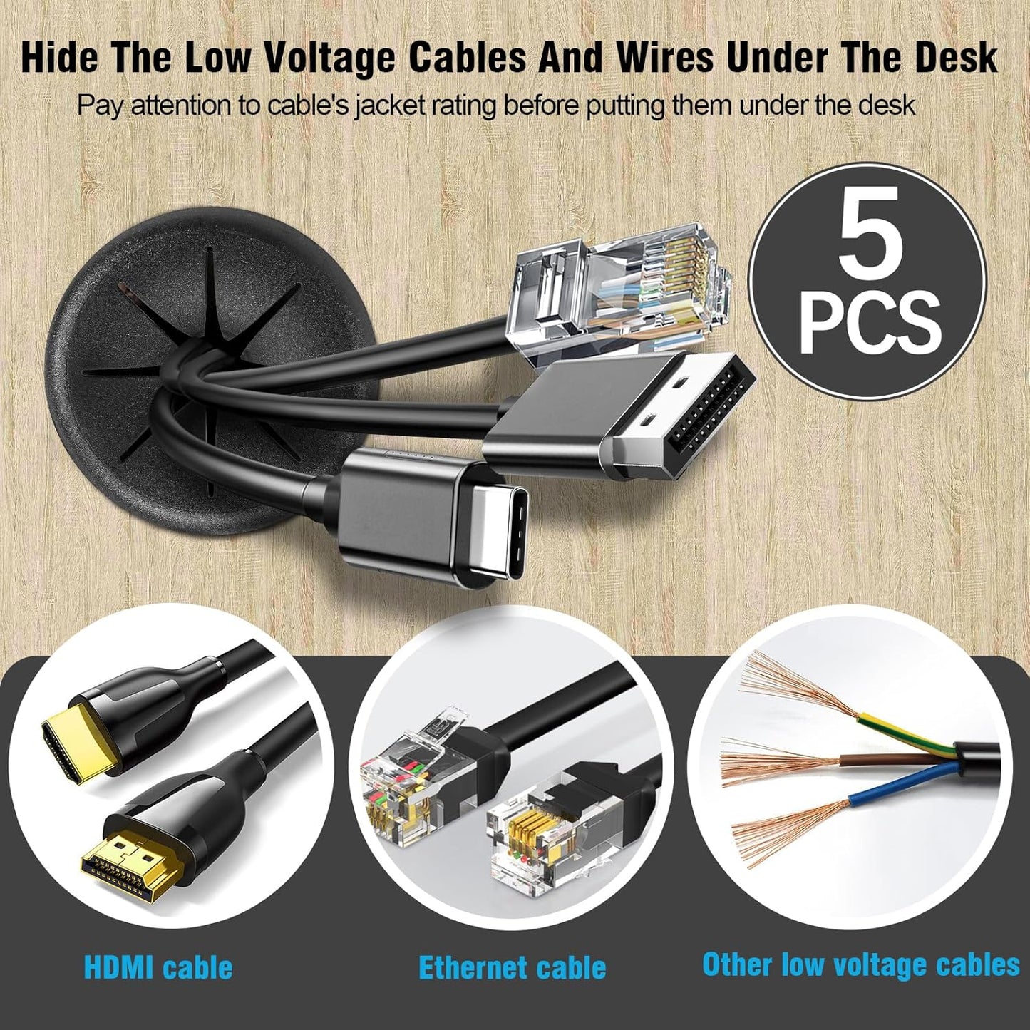 2-3/8" Black Desk Grommet, JTemgle Flexible Cable Grommet Rubber Cable Hole Cover Wire Organizer Caps Desktop Cord Management for Home Office TV Stands Tabletops, 5 Pieces