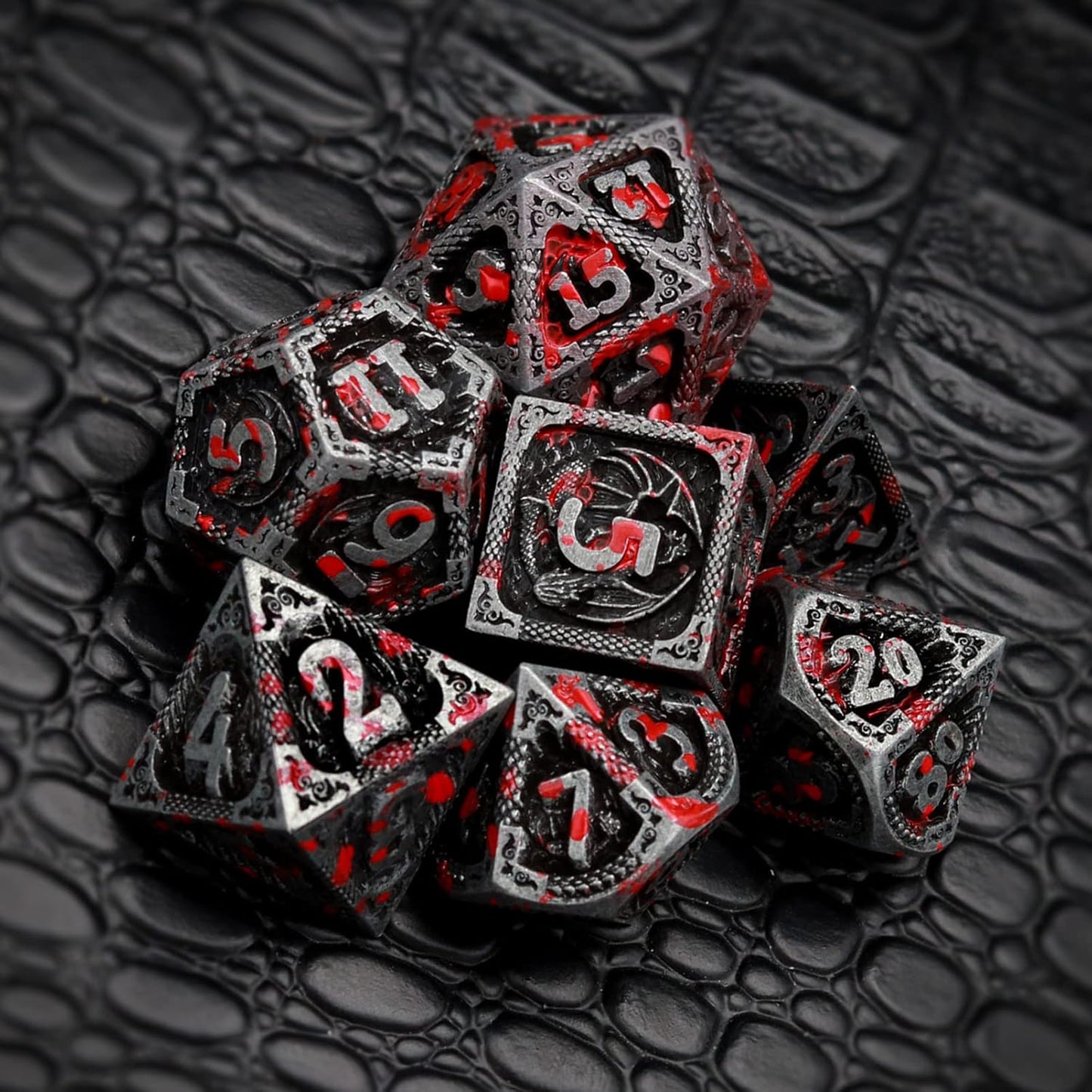 Haxtec Bloodstained Metal DND Dice Set Antique Iron Blood D&D Dice Set Dragon Scale with Leather Dice Bag Bloodsplattered Metal Polyhedral Dice Compatible with Dungeons and Dragons TTRPG Gifts