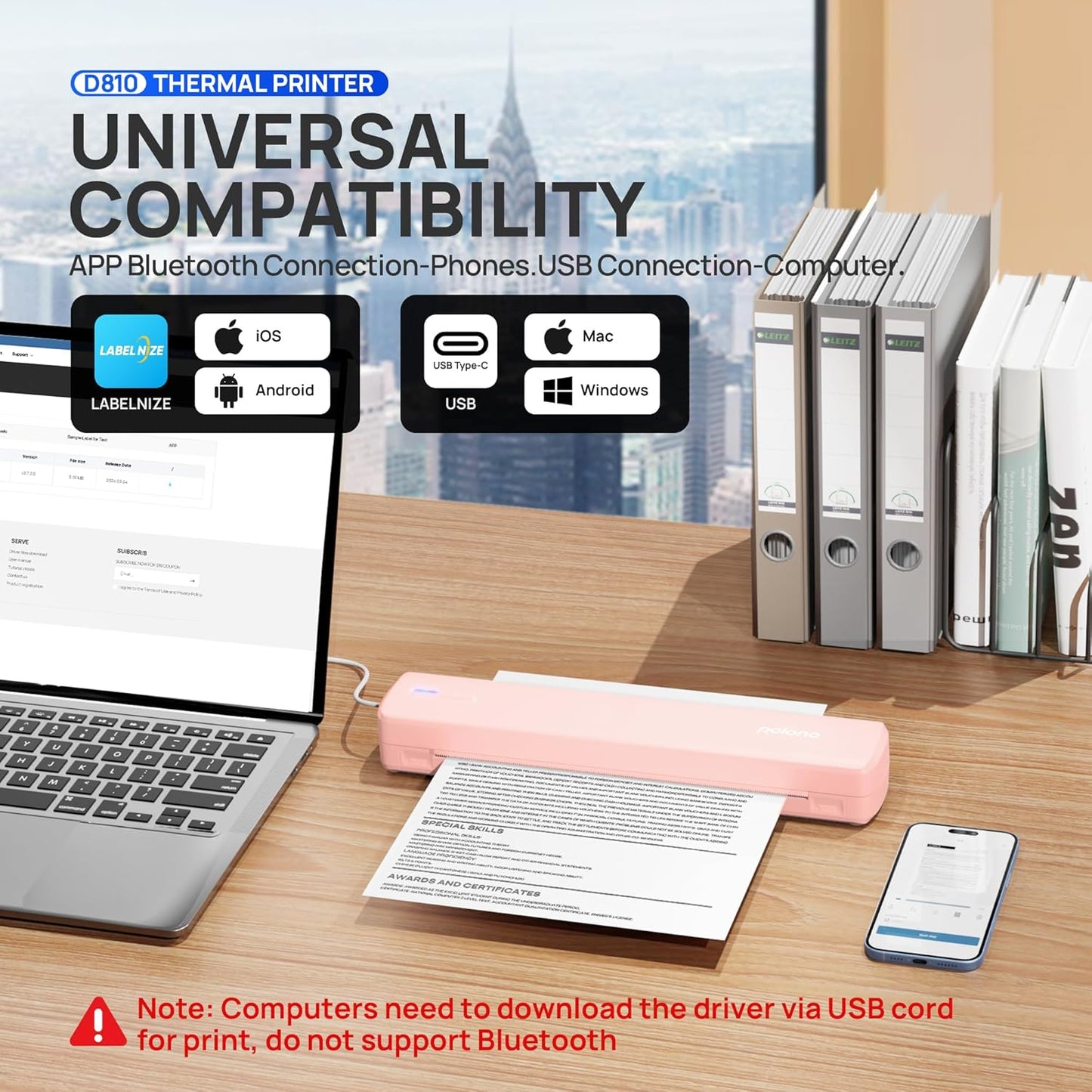 POLONO Portable Printer Wireless for Travel, D810 Bluetooth Thermal Printer Support for 8.5"x11" US Letter, Inkless Compatible with iOS, Android, Laptop for Office, Car and Home with Carry Case, Pink