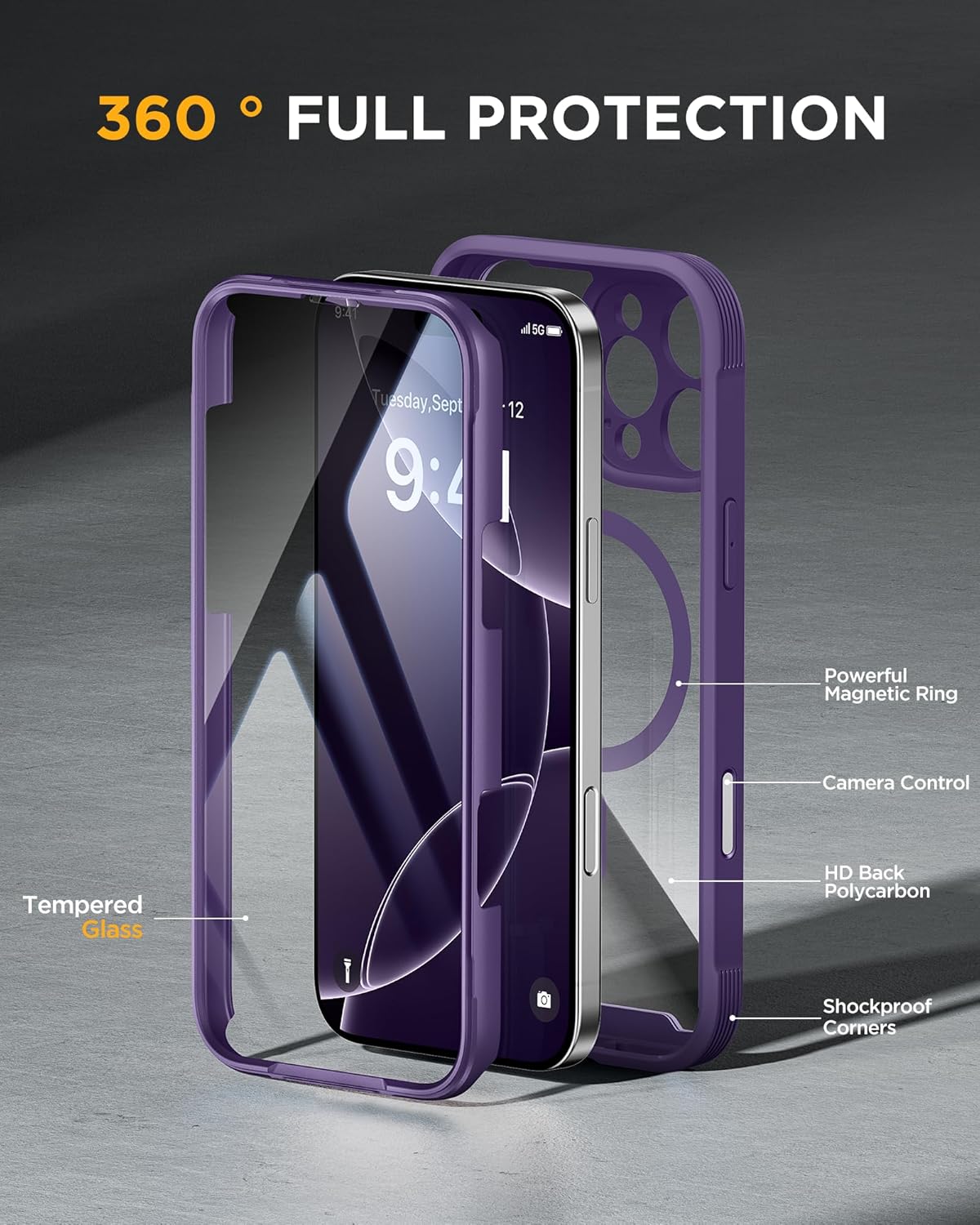 Miracase Magnetic for iPhone 16 Pro Case Full-Body Phone with Built-in Glass Screen Protector, [Compatible with MagSafe] Military Drop Proof 16 Pro Cover Bumper 6.3 inch, Purple