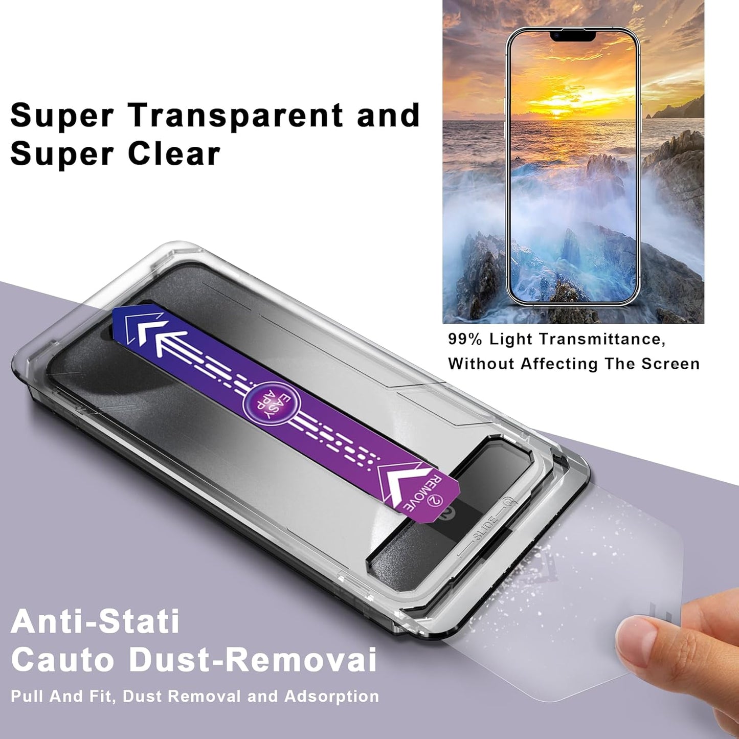 2 Pack Screen Protector for iPhone 16e/iPhone 14/iPhone 13 Pro/iPhone 13, 9H Tempered Glass, Full Cover, Anti-Fingerprint, Auto Dust-Elimination, No Bubble, Easy Installation