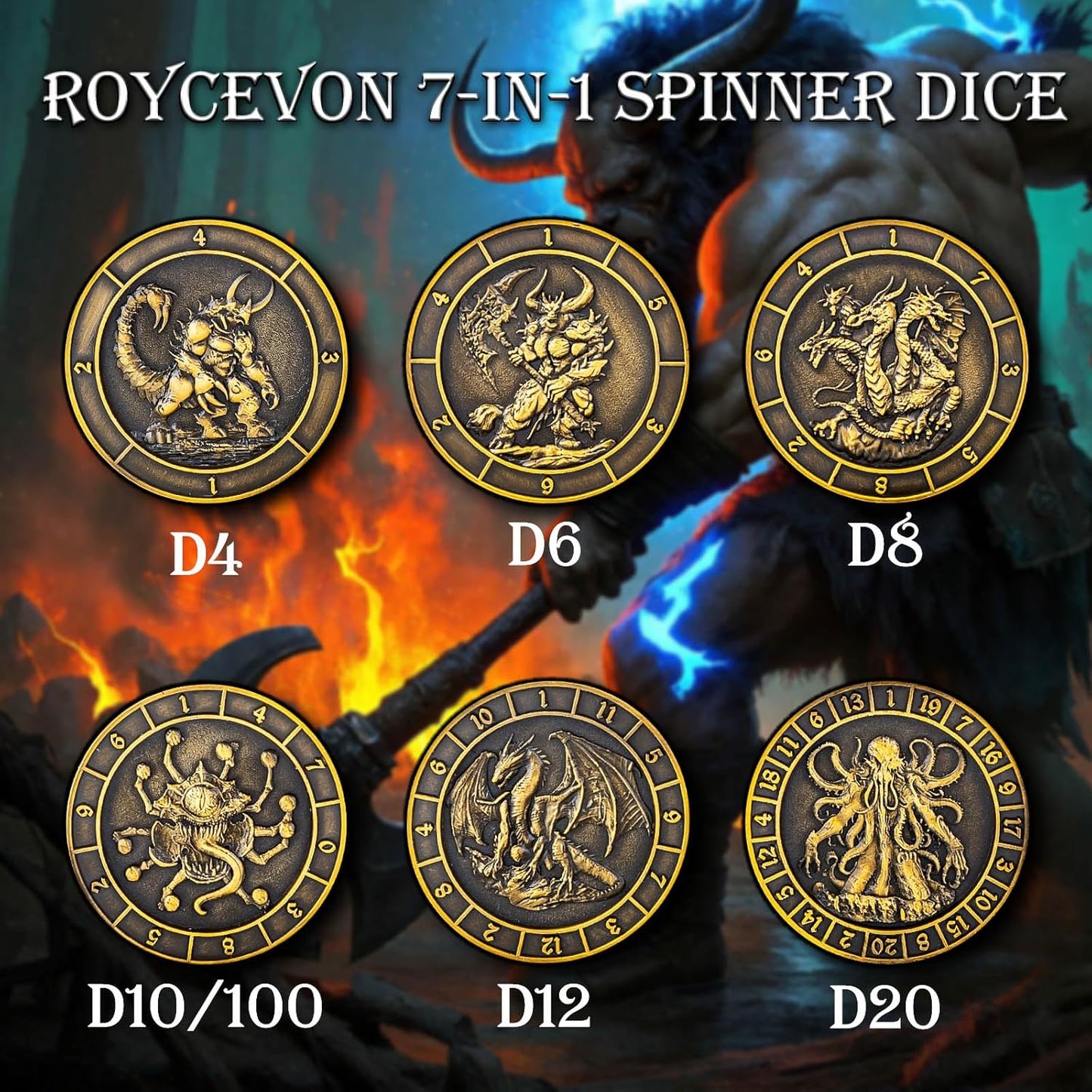 7 in 1 D6 Spinner DND Dice Set D&D, Metal Cube D and D Dice with Gift Box, Dungeons Dragons Role Playing Dice, Black Gold