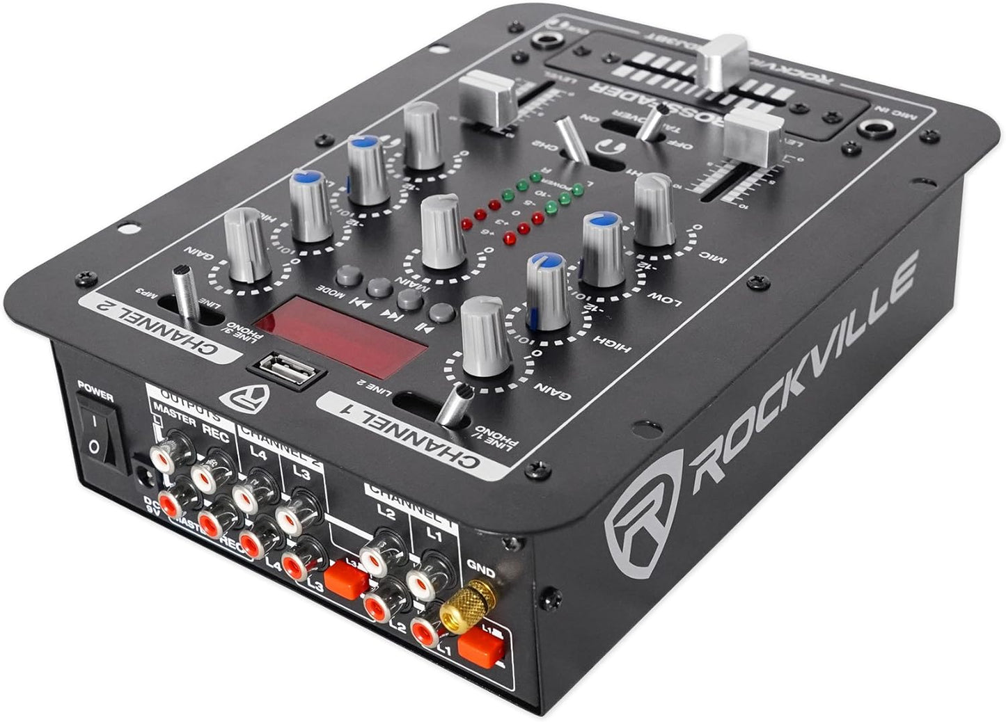 Rockville RDJ3BT 2 Channel DJ Mixer with USB, Bluetooth, Talkover, 4 Line Inputs