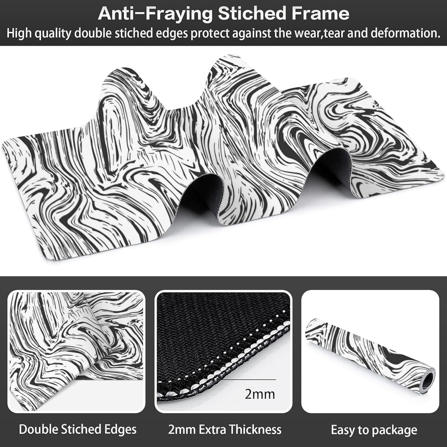 Black and White Marble Desk Mat,Large Abstract Marble Texture Gaming Keyboard Mouse Pad,Non-Slip Rubber Base Desk Pad Thick Stitched Edges Waterproof Mousepad Mouse Mat 31.5"x11.8"