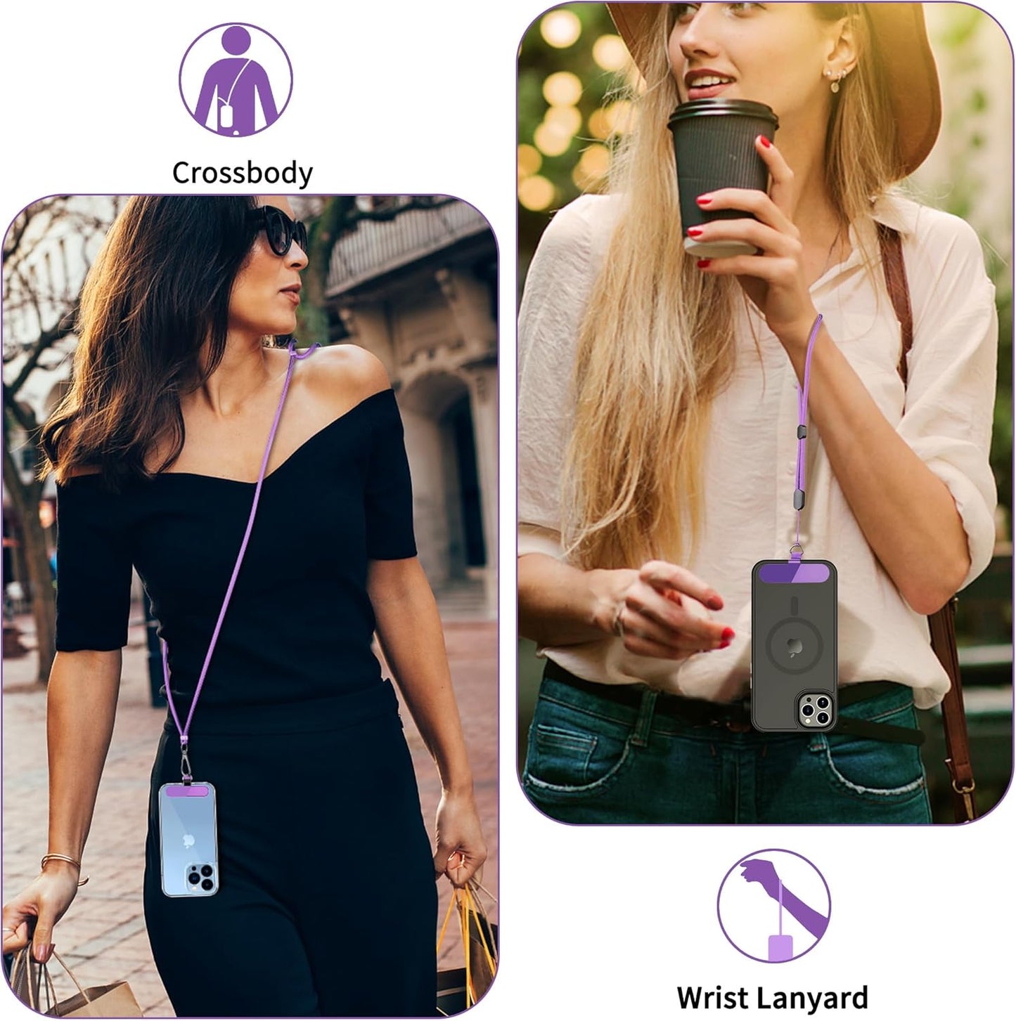 CACOE Phone Lanyard 2 Pcs-1 Pcs Adjustable Neck Strap, 1 Pcs Wrist Strap, 2 Pcs Pads, Universal Crossbody Multifuctional Cell Phone Lanyards Compatible with Most Smartphones(Dark Purple)