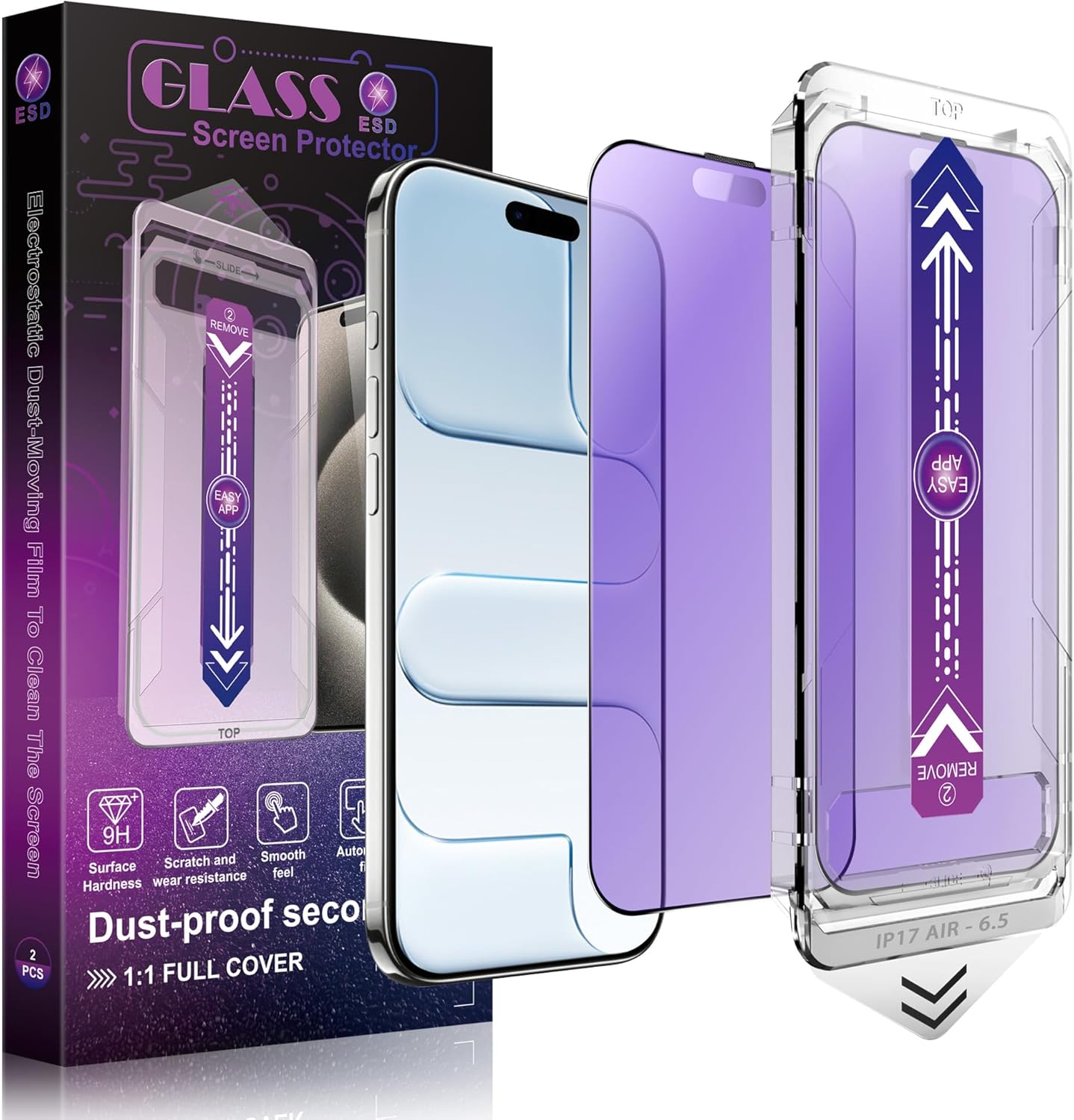 Anti Blue Light Matte Screen Protector for iPhone Air 6.5-Inch, Auto Dust Removal, 9H Tempered Glass, Full Cover, Anti-Fingerprint, Easy Installation, 2 Pack