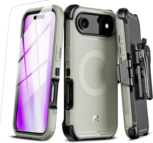 M MYBAT PRO for iPhone Air Case with Belt Clip Holster,[Compatible with Magsafe] w/Screen Protector,Anti-Drop,Shockproof,w 360°Rotating Kickstand,Heavy Duty Protection (Natural Titanium)