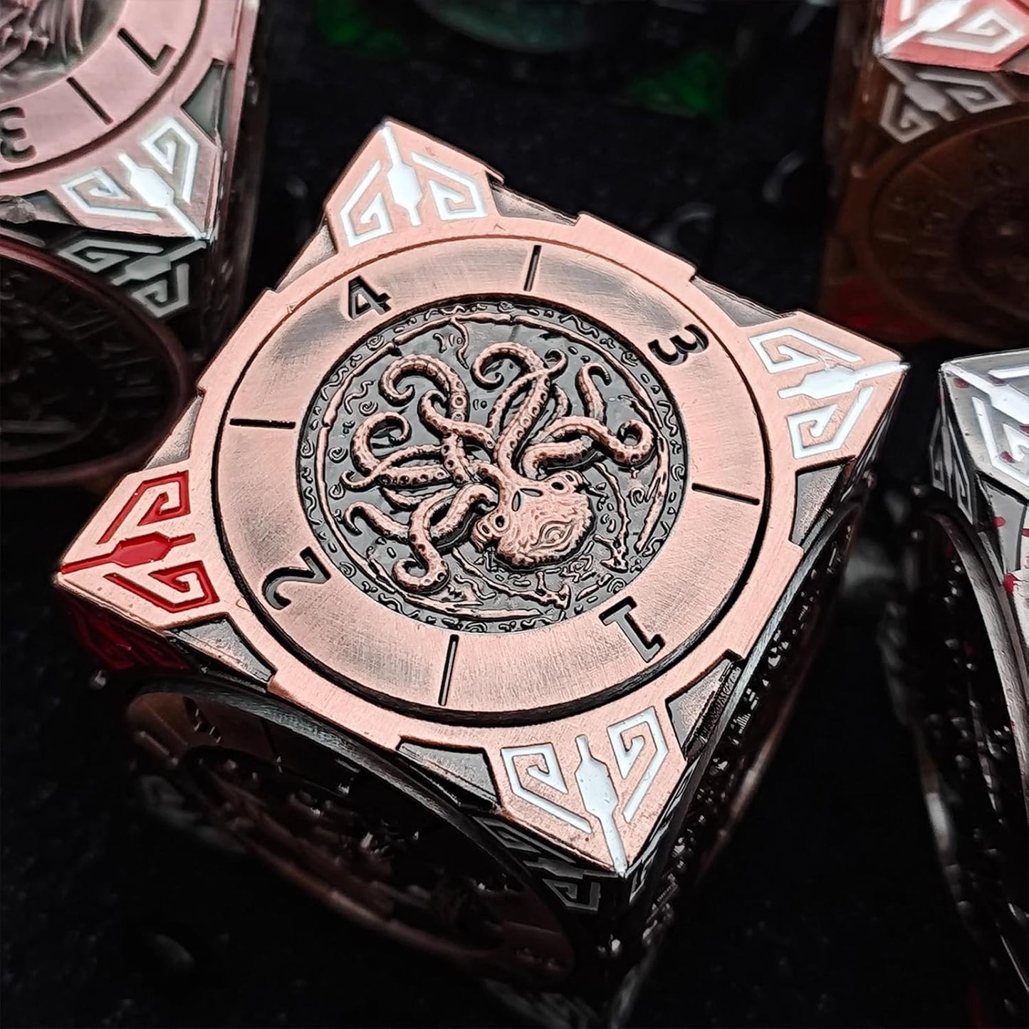 Spinner Dice 7-in-1 Metal DND Set – Premium Copper RPG Dice with 3D Monster Reliefs, Gyro Spinner & Collector’s Box for D&D,Classic Bronze Color