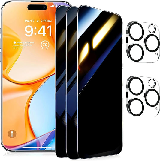 3 Pack for iPhone 16 Pro Privacy Screen Protector +2 Camera Lens 9H+Full Cover Tempered Glass Auto Alignment Kit 12FT Military Grade Shatterproof Anti Spy Longest Durable 6.3