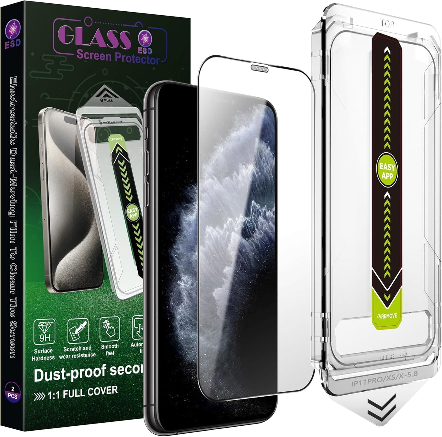 (2-Pack Ultra HD Clear Screen Protector for iPhone X/XS/11 Pro (5.8-Inch),9H Tempered Glass,Full Coverage,Anti-Fingerprint,Auto Dust Removal,Bubble-Free,Easy Installation