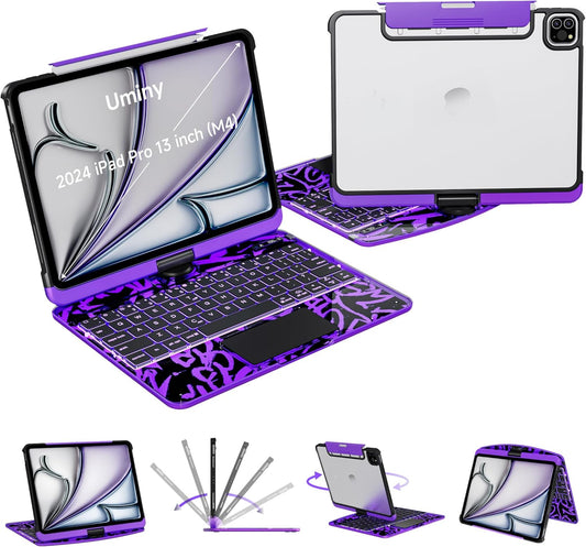 iPad Keyboard Case for 2024 M4 iPad Pro 13 inch, Magic Wireless Keyboard with Trackpad 7 Color Backlit, 360° Rotating Stand Transparent Protective Cover with Pencil Holder (Purple)