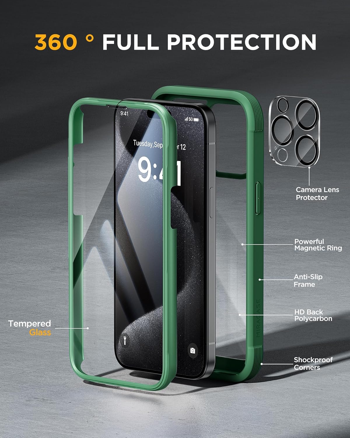 Miracase for iPhone 15 Pro Max Case 6.7'' Full-Body Phone case with Built-in Glass Screen Protector& Camera Protector,Drop Proof 15 Pro Max Cover,Green