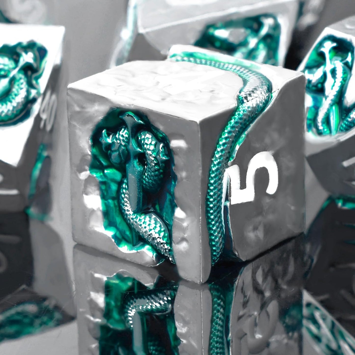 RULE DICE Serpent's Cunning Metal DND Dice Set - 7pc Polyhedral D&D Dice for Dungeons and Dragons, RPGs Like Pathfinder - Emerald Green Snake Design, Balanced for Critical Rolls