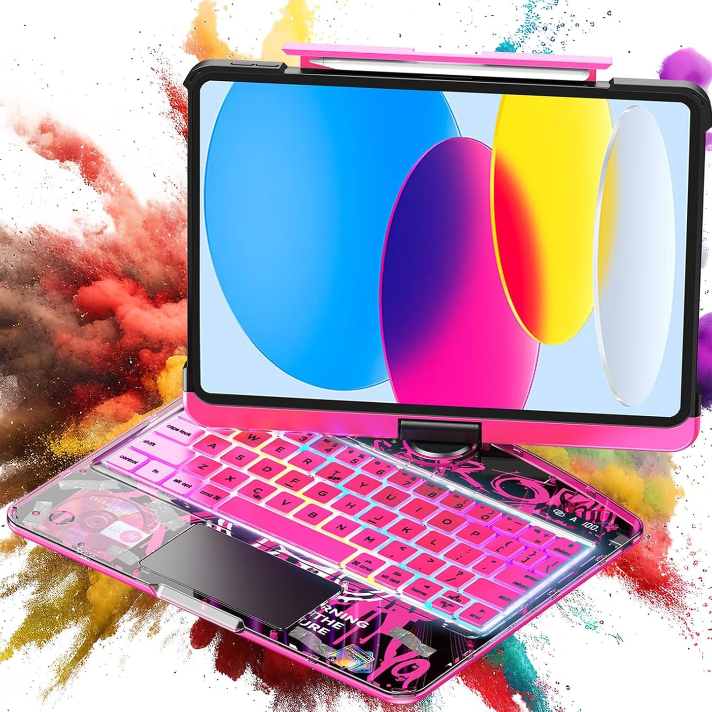 TSQQST Clear Wireless Keyboard Case for iPad (A16) 11th Generation 11-inch 2025/ iPad 10th Generation 10.9-inch 2022 with Pencil Holder & Multi-Touch Trackpad, 7-Color Backlight, 360 Rotatable, Pink