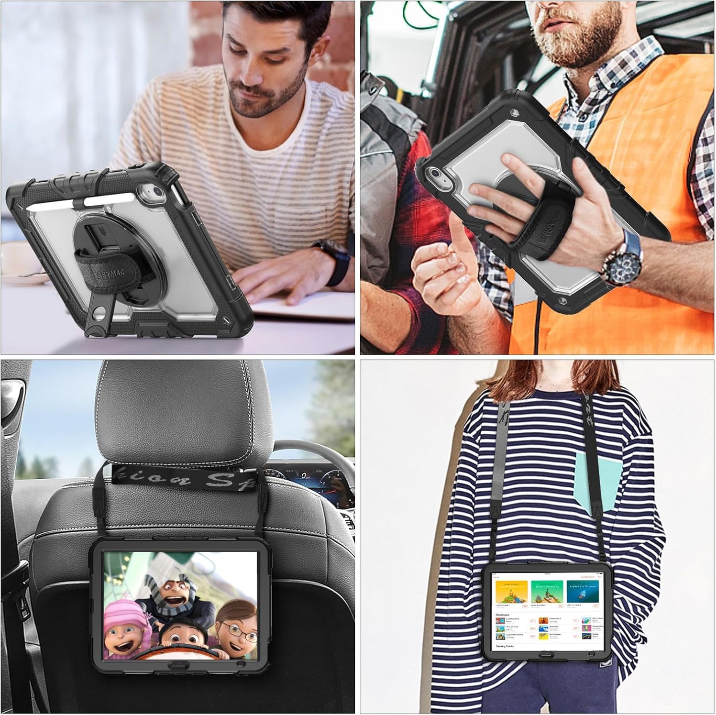 SEYMAC stock Case for iPad (A16) 11th/10th Generation 11''/10.9'' 2025/2022, Full-Body Drop Protection Case with Screen Protector &360° Rotate Hand Strap/Stand, Transparent+Black