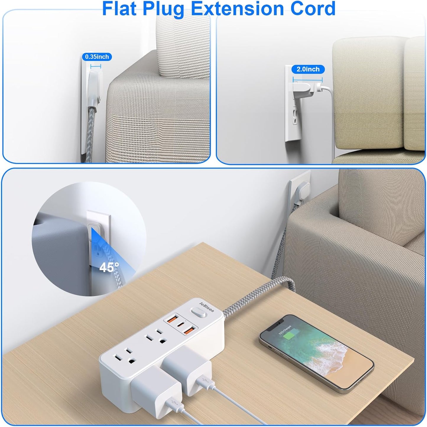Power Strip Surge Protector, 5Ft Flat Plug Extension Cord with Multiple Outlets, 6 Outlets with 3 USB Ports(1 USB C), 3-Side Outlet Extender, Wall Mount, Compact for Travel, Home, College Dorm Room