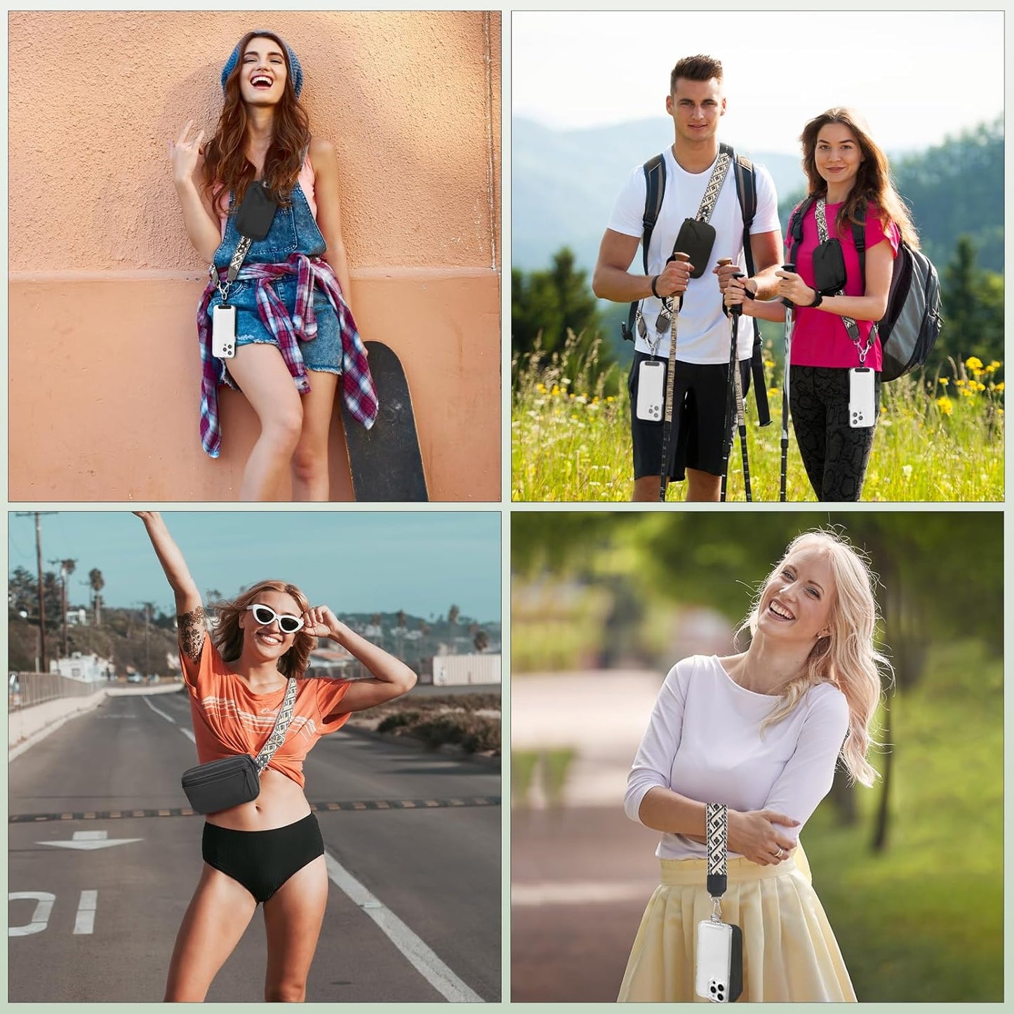 Clip and Go Strap for Phone with Wallet Crossbody, Adjustable Phone Lanyard with Detachable RFID Wristlet Wallet, Pattern Strap, Black (M)