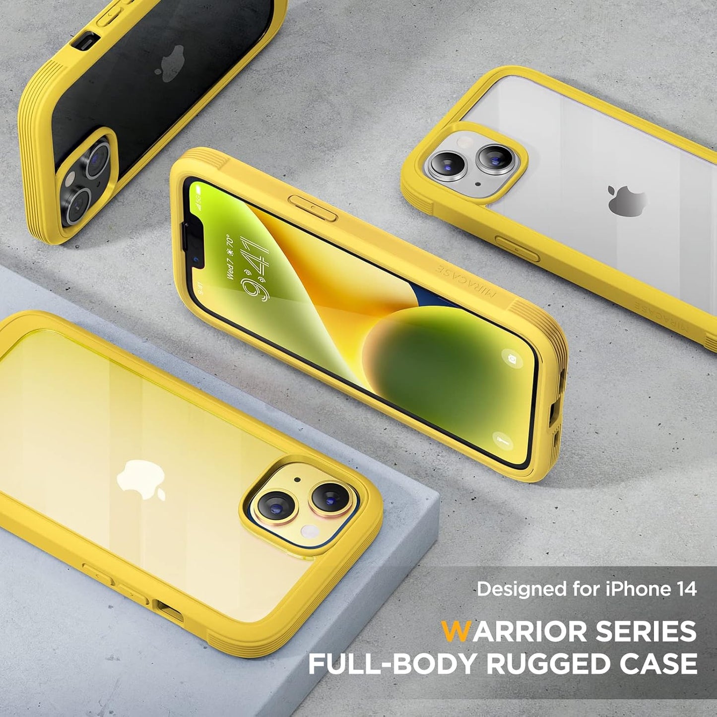 Miracase Glass Series for iPhone 14 Case 6.1 inch, [Built-in Tempered Glass Screen Protector] [Bubble Free] Full-Body Protective Bumper Phone Case with Camera Lens Protector, Lemon