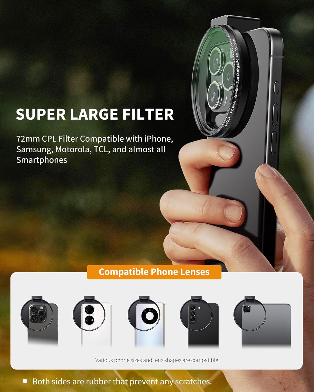 CPL Filter for Phone, 72mm Camera Polarized Lens Polarizing Filter with Metal Cold Shoe Phone Clip Compatible with iPhone 15 14 13 12 11 X XS Plus PRO Max Samsung Galaxy Motorola Pixel