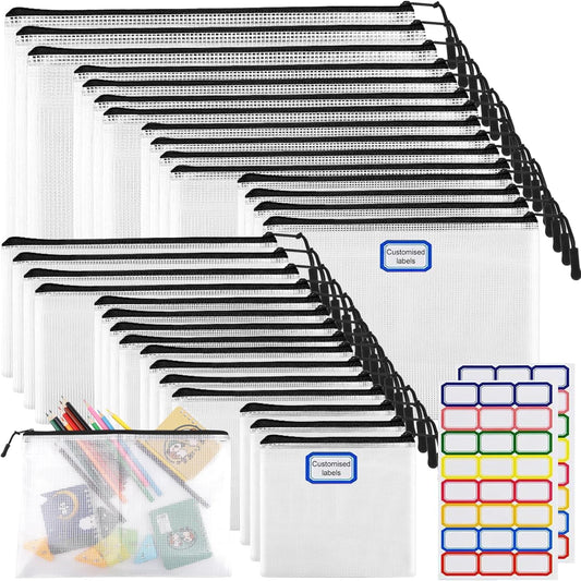 30pcs Multisize Mesh Zipper Pouch, YOPCDJ Lego Storage Organizer, 8 Sizes Waterproof Plastic Document Pouch, Bags for Travel Storage, Game, Office Supply and Home Organize