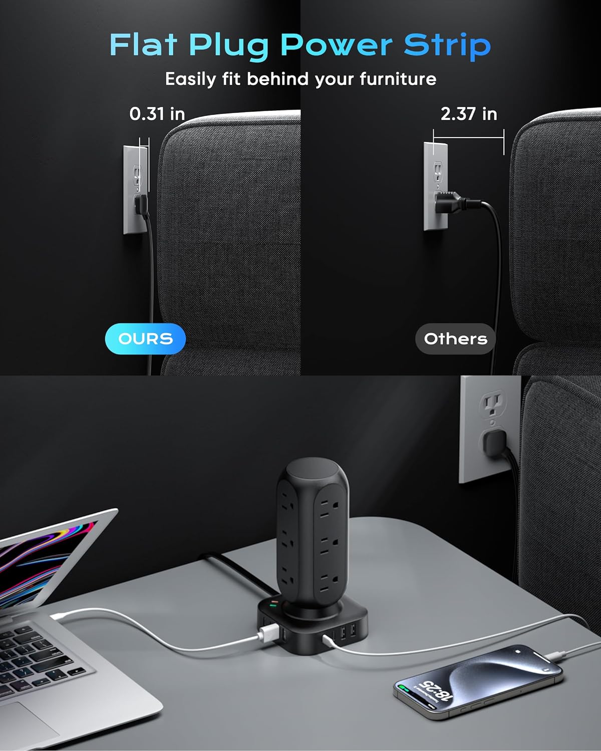 Dual PD 20W Power Strip Tower, TenTrend Surge Protector Power Strip with 12 AC Outlets & 8 USB Ports (4 USB C), 40W Desk Fast Charging Station, 10FT Flat Plug Extension Cord for Desk Office Dorm Room