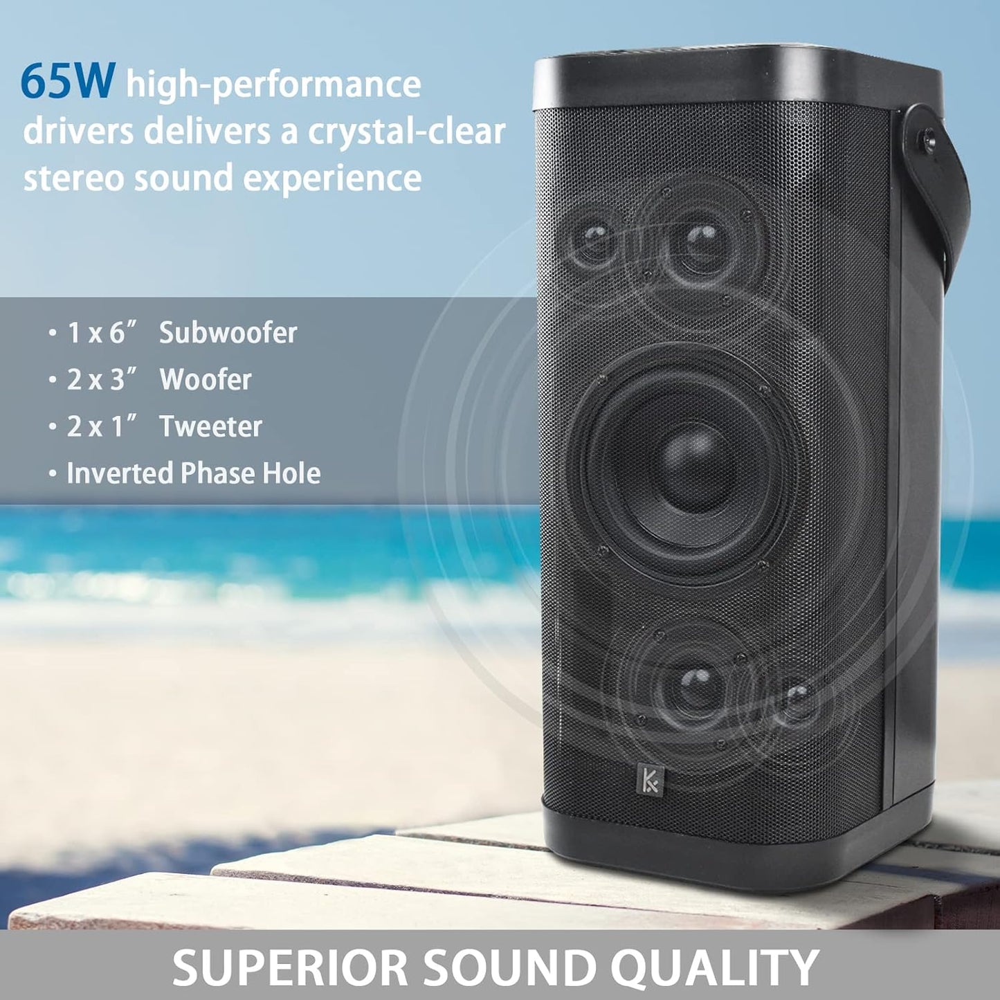 Bluetooth Speakers, KONEX 65W Portable Wireless Speaker, Bluetooth 5.1 Heavy Bass Music Player, 3-Way System with Active Filter, 20H Long Playtime, Outdoor Speaker for Home, Office, Party, Black