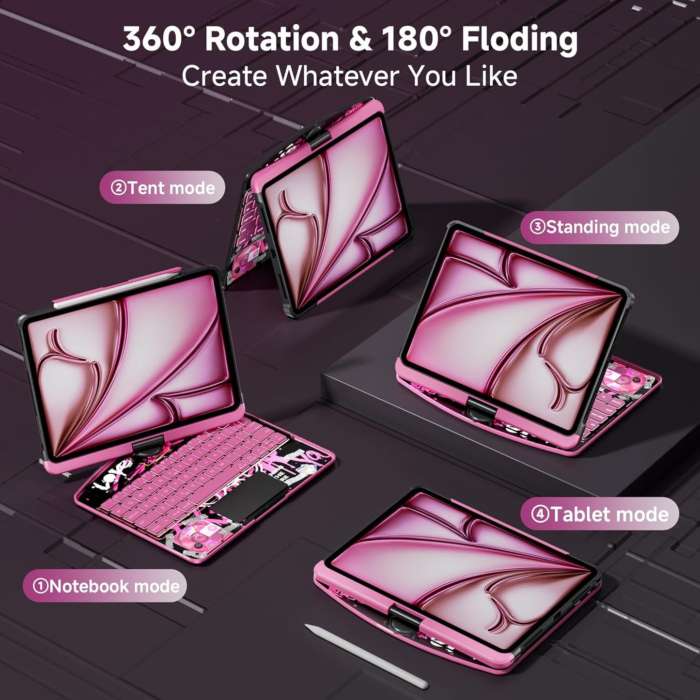 iPad Keyboard Case for 2024 M4 iPad Pro 11 inch, Magic Wireless Keyboard with Trackpad 7 Color Backlit, 360° Rotating Stand Transparent Protective Cover with Pencil Holder (Pink)