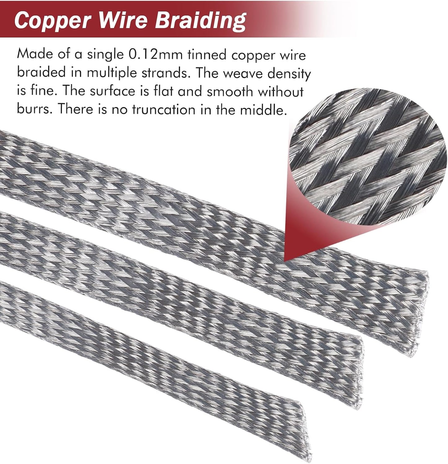 Tinned Copper Metal Braid Sleeving Wire Shielding Sleeve Braided Copper Ground Straps EMI/RFI Interference Expandable Flat Mesh Shielding Cable for Protect Wire (5/16inch-22ft)