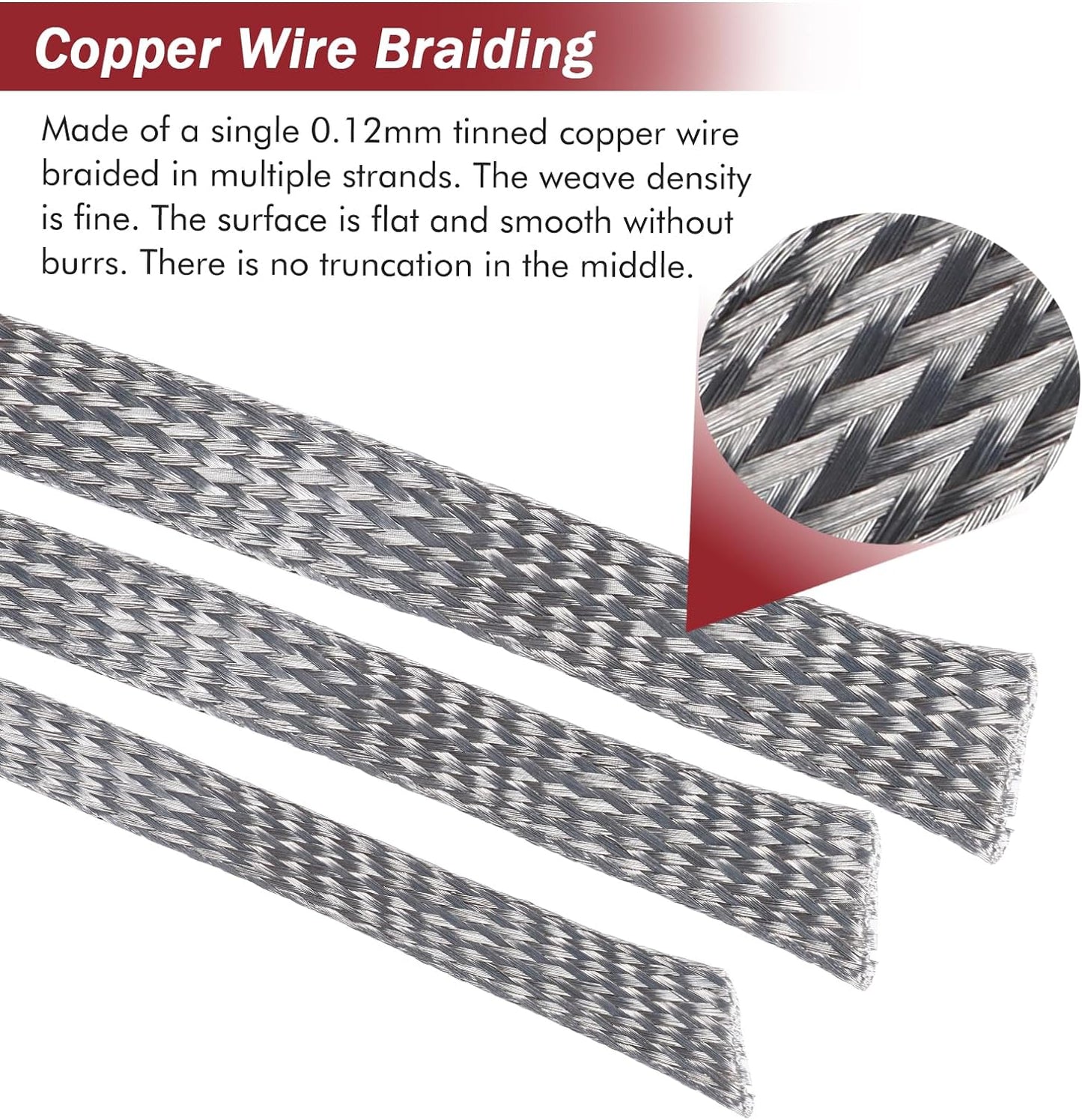 Tinned Copper Metal Braid Sleeving Wire Shielding Sleeve Braided Copper Ground Straps EMI/RFI Interference Expandable Flat Mesh Shielding Cable for Protect Wire (1/2inch-13ft)