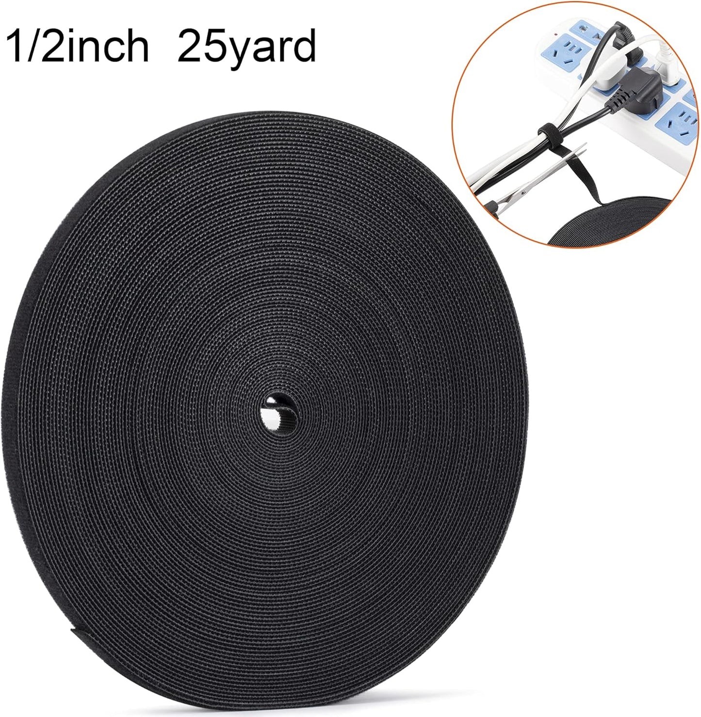 1/2 inch Reusable Fastening Tape Cable Ties Double-Sided Hook-and-Loop Cable Management Tape (Black 25 Yards)