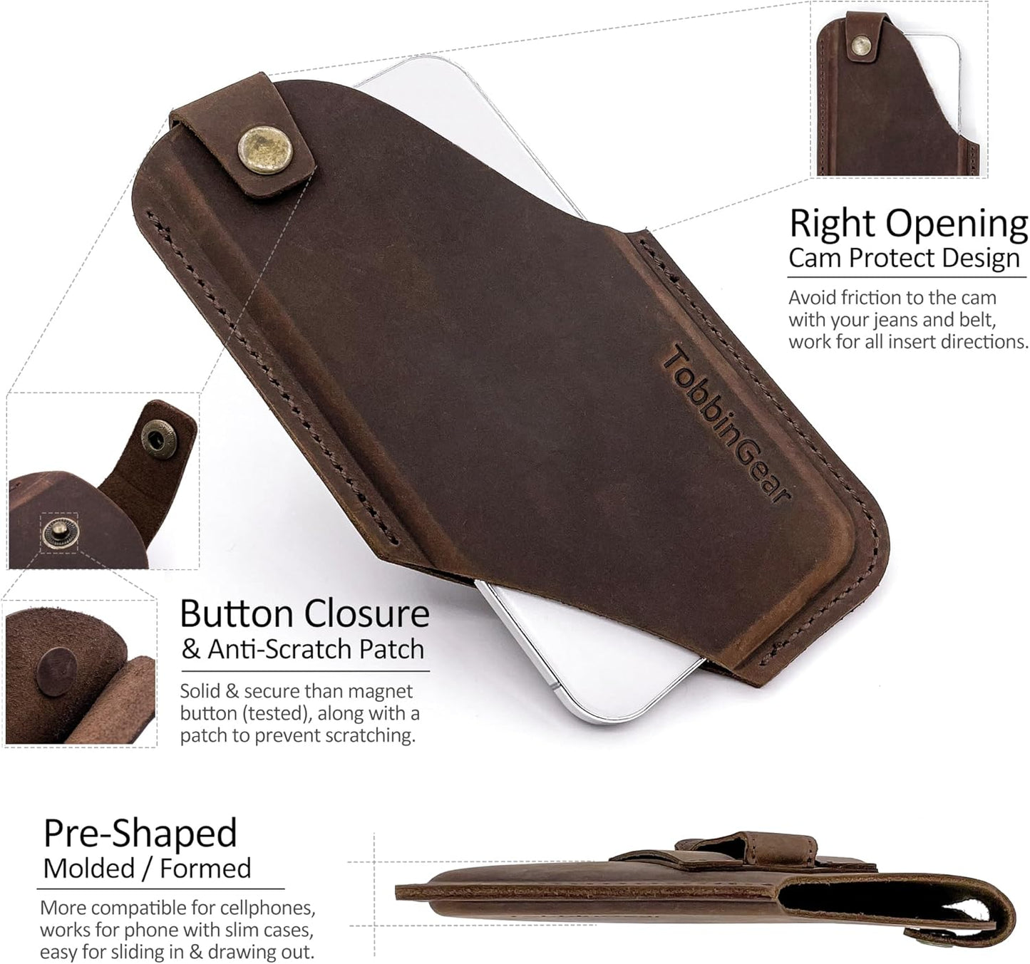 TobbinGear Leather Cell Phone Holster with Belt Clip, Leather Belt Pouch, Universal Phone Case on Belt for Men, Phone Holder for Smartphone, Left Handed, Dark Brown, Large