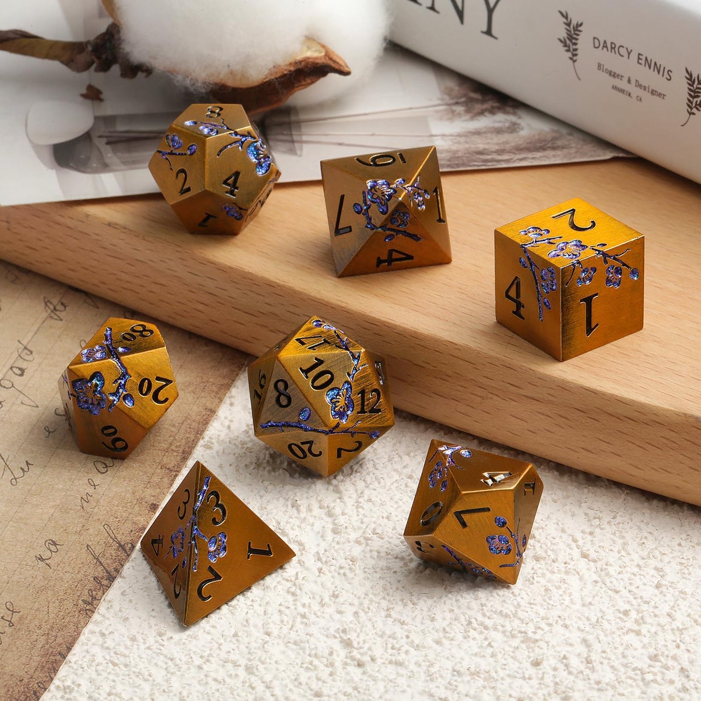 Metal Dice Flowers, 7 PCS Metallic Dungeons and Dragons Dice Set with Gorgeous Gift Case for DND Dungeons and Dragon Tabletop Game (Ancient Brass with Blue Flowers)