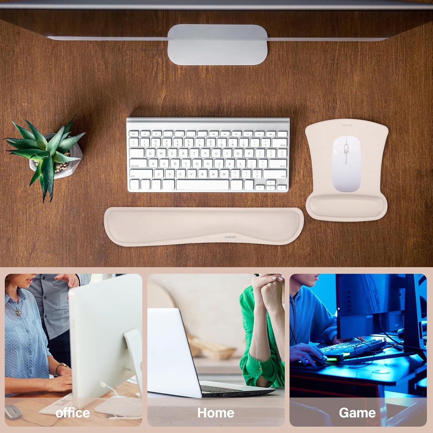 MOSISO Wrist Rest Support for Mouse Pad & Keyboard Set, Ergonomic Mousepad Non-Slip Base Home/Office Pain Relief & Easy Typing Cushion with Neoprene Cloth & Raised Memory Foam, Apricot