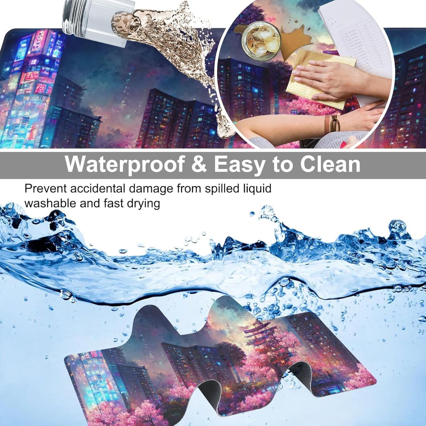 Japanese Fantasy Night City Desk Mat,Large Beautiful Night Scene Gaming Keyboard Mouse Pad,Non-Slip Rubber Base Desk Pad Thick Stitched Edges Waterproof Mousepad Mouse Mat 31.5"x11.8"