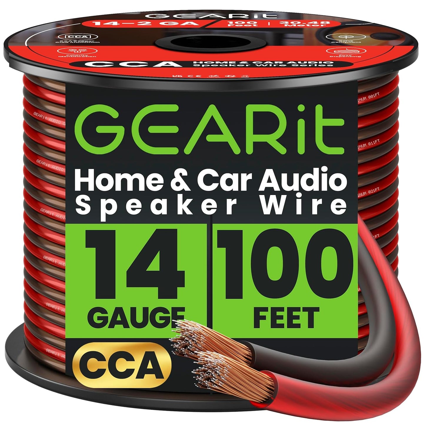 14 Gauge Car Speaker Wire, GearIT Pro Series (100 Feet, Soft Touch Translucent Red / Black) Copper Clad Aluminum CCA 14 AWG Automotive Car Speaker Wire for Car Stereo, Car Audio Wiring Kit - 100ft