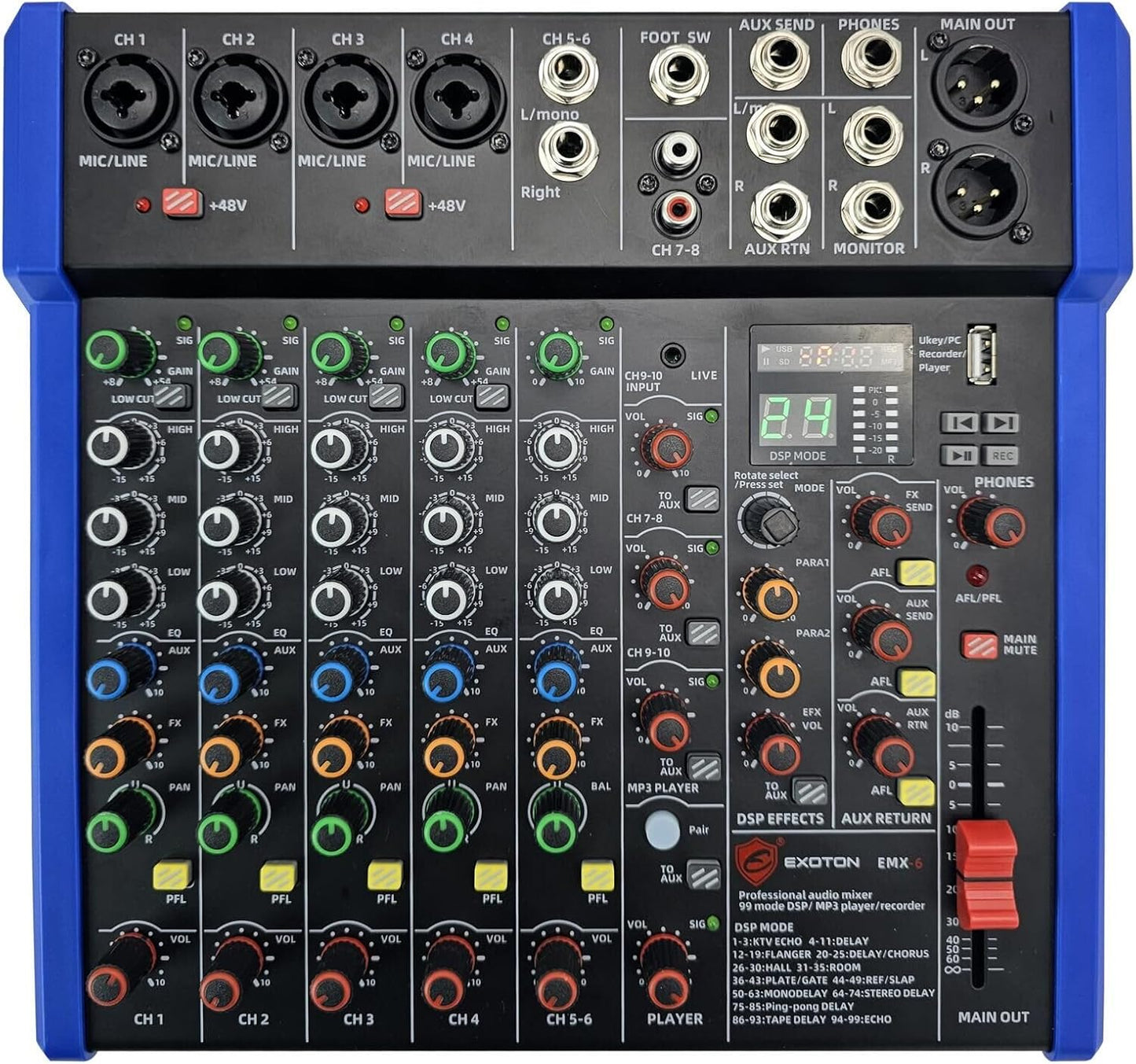 EXOTON Professional Audio Mixer Console, 6 Channel with USB, Bluetooth, MP3 Input, 48V Phantom Power, Ideal for Studio, Live Performance, and DJ Use