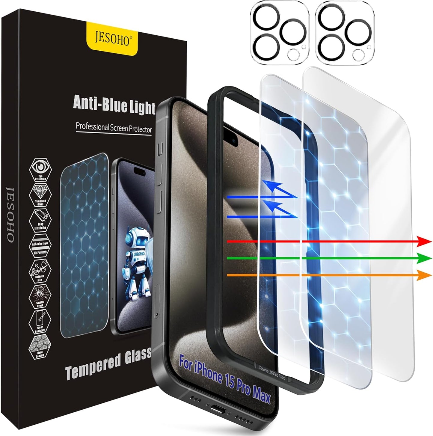 Screen Protector for iPhone 15 Pro Max [6.7 Inch],2 pcs Colorless Anti-Blue Light Tempered Glass Films, HD Clear, 9H Hardness, No Bubbles, Case Friendly with 2 pcs Camera Lens Protector