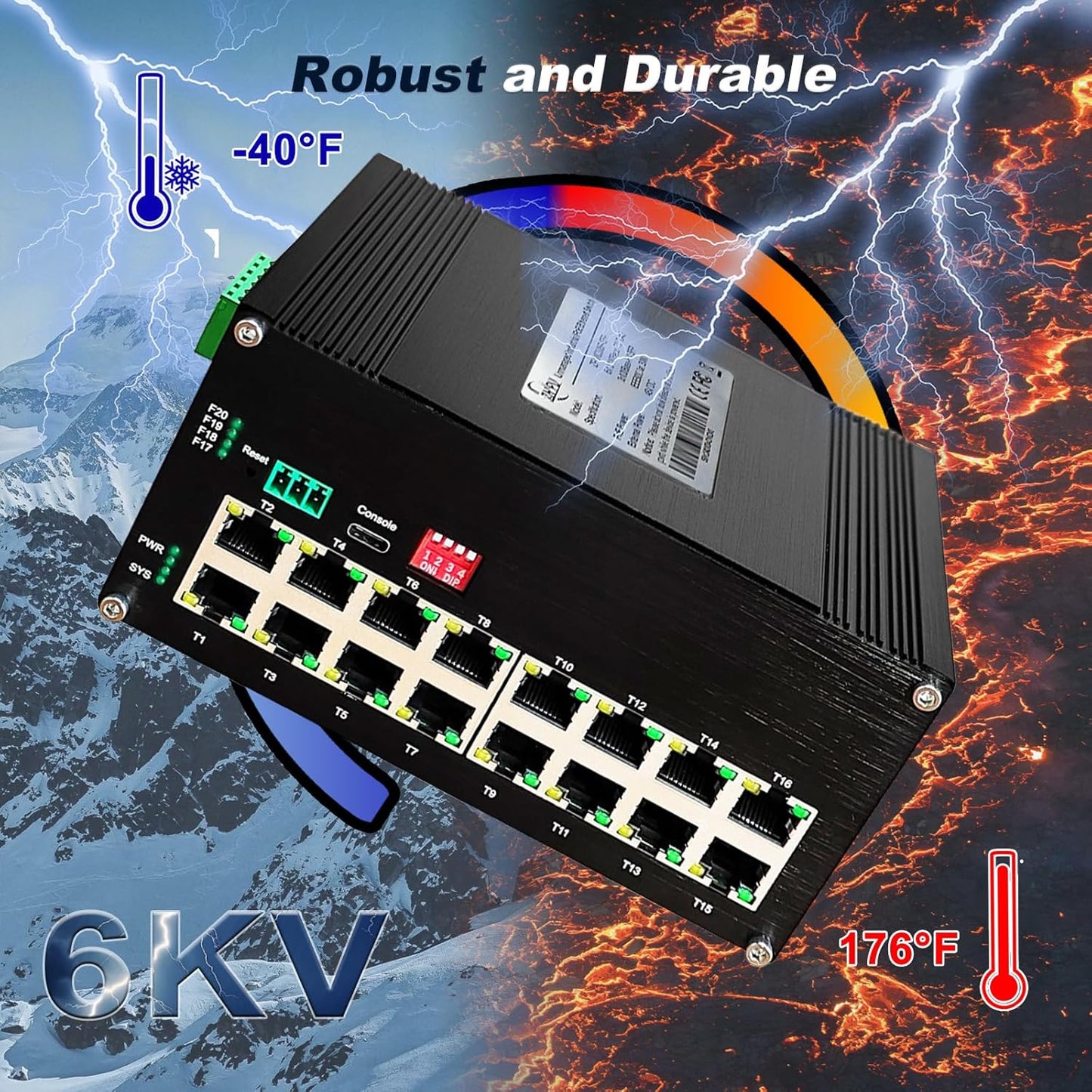Industrial L2+ Managed 16 Port PoE Ethernet Switch, Gigabit Networking Switch with IPv4/IPv6 Management and DIP Switch, Supporting Din-Rail