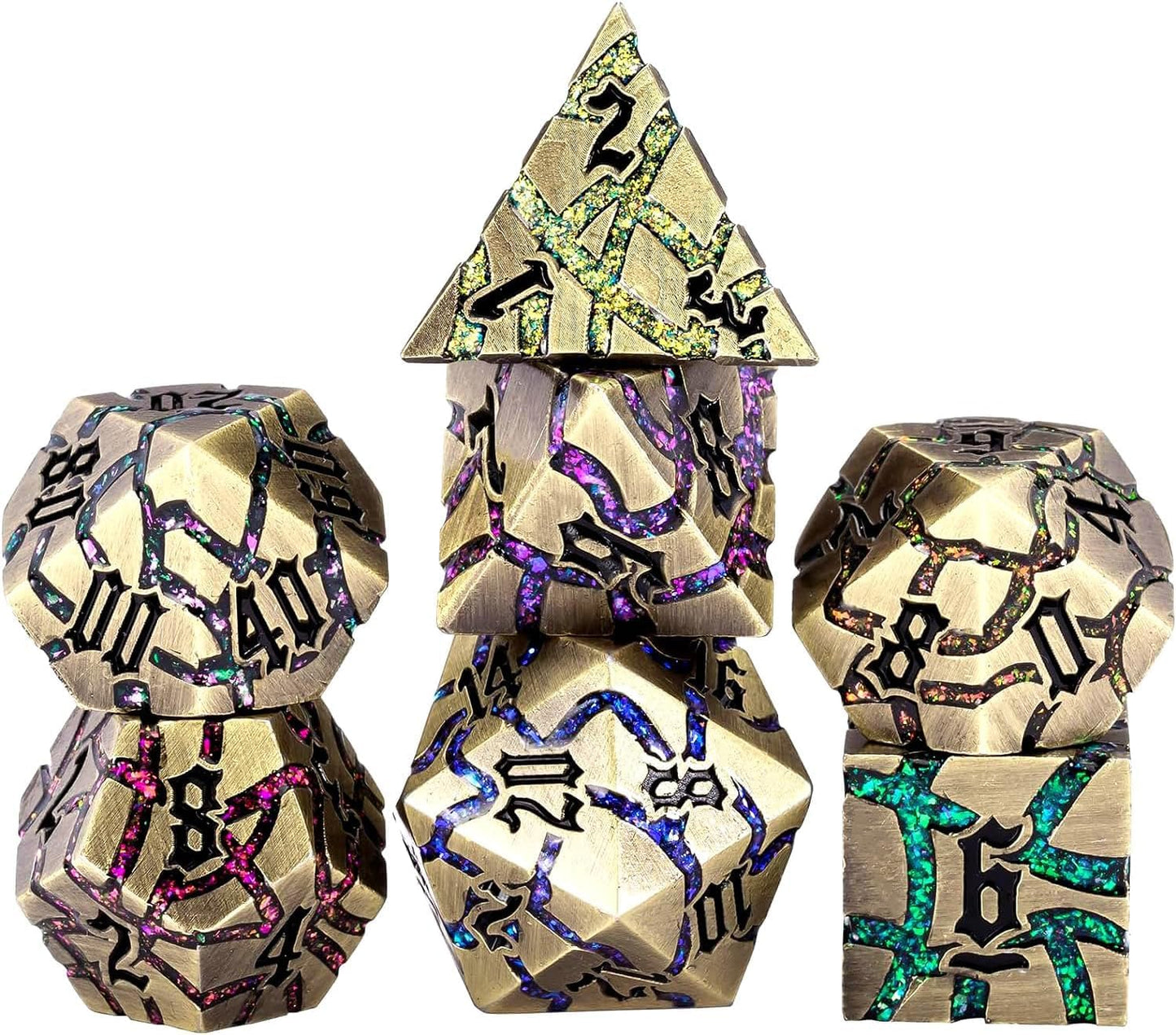 Metal DND Dice Set, 7PCS Polyhedral D&D Dice Set,Glitter Crack Dice Set for Dungeons and Dragons Role Playing Game(Antique Blue 7 Colors)