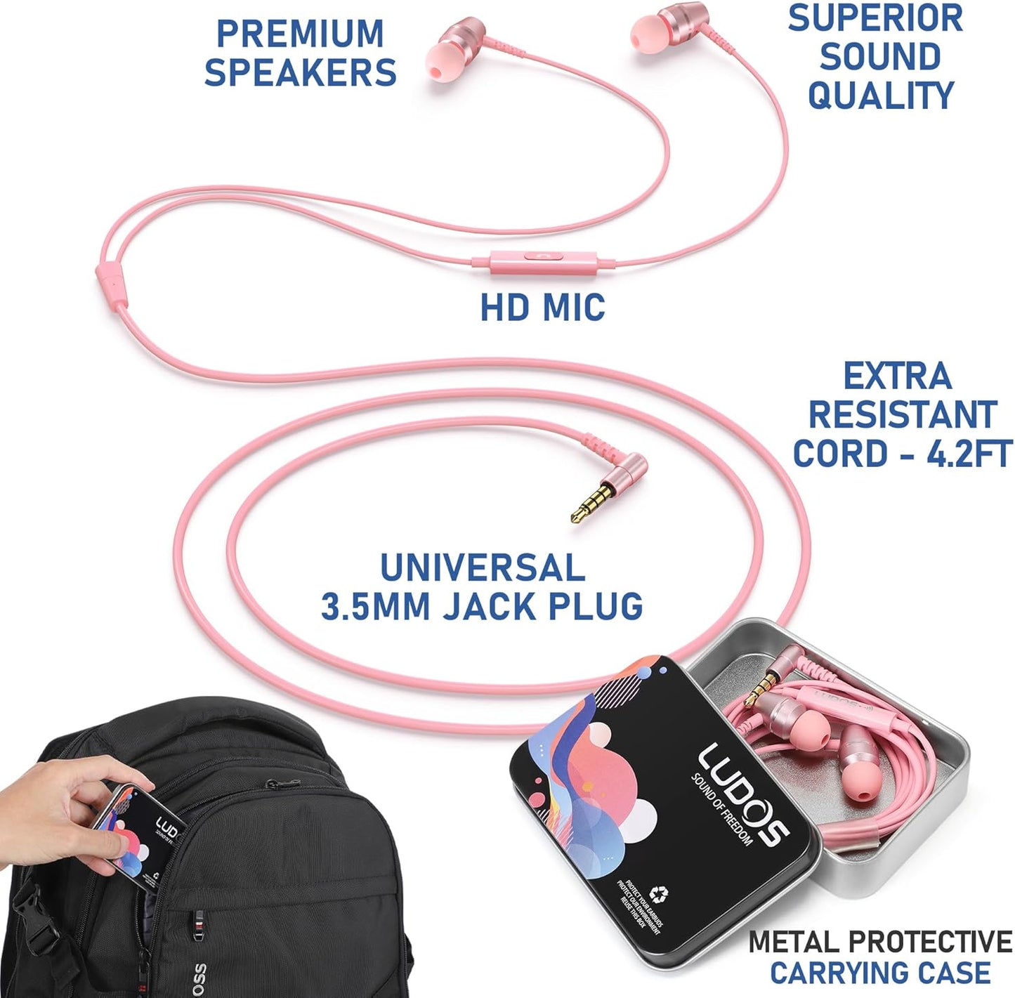 LUDOS OMNITONE Wired Earbuds in-Ear Headphones, 5 Years Warranty, Earphones with Microphone, 3.5 mm Jack Corded Ear Buds, Videoconference for iPhone, Samsung, Laptop, Kids, School Students - Pink